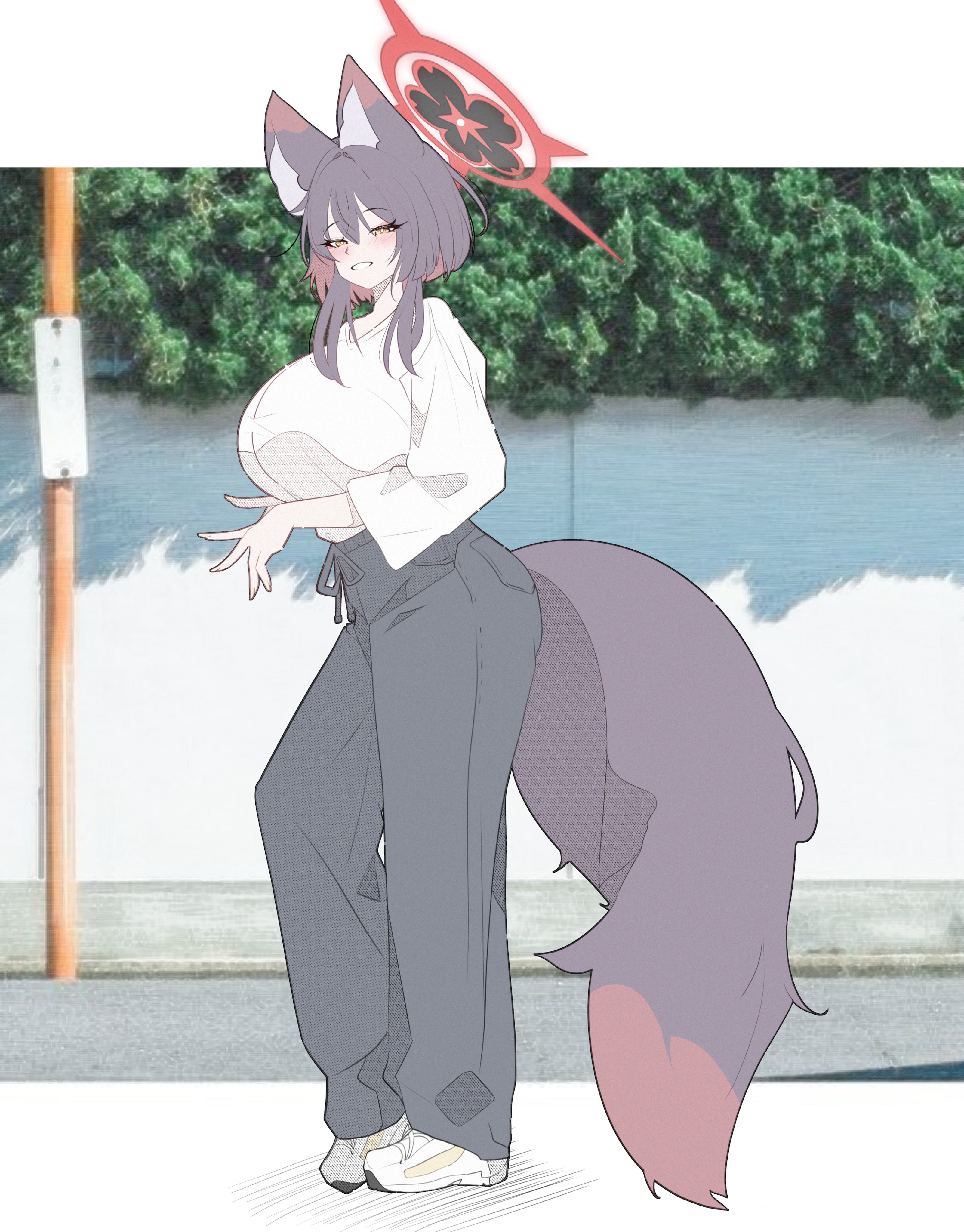 amebrew, wakamo (blue archive), blue archive, absurdres, commentary request, highres, 1girl, alternate costume, alternate hair length, alternate hairstyle, animal ears, black pants, blush, breasts, casual, fox ears, fox tail, hair between eyes, halo, huge breasts, long sleeves, open mouth, pants, red halo, road, shoes, sneakers, solo, street, tail, teeth, white shoes, yellow eyes