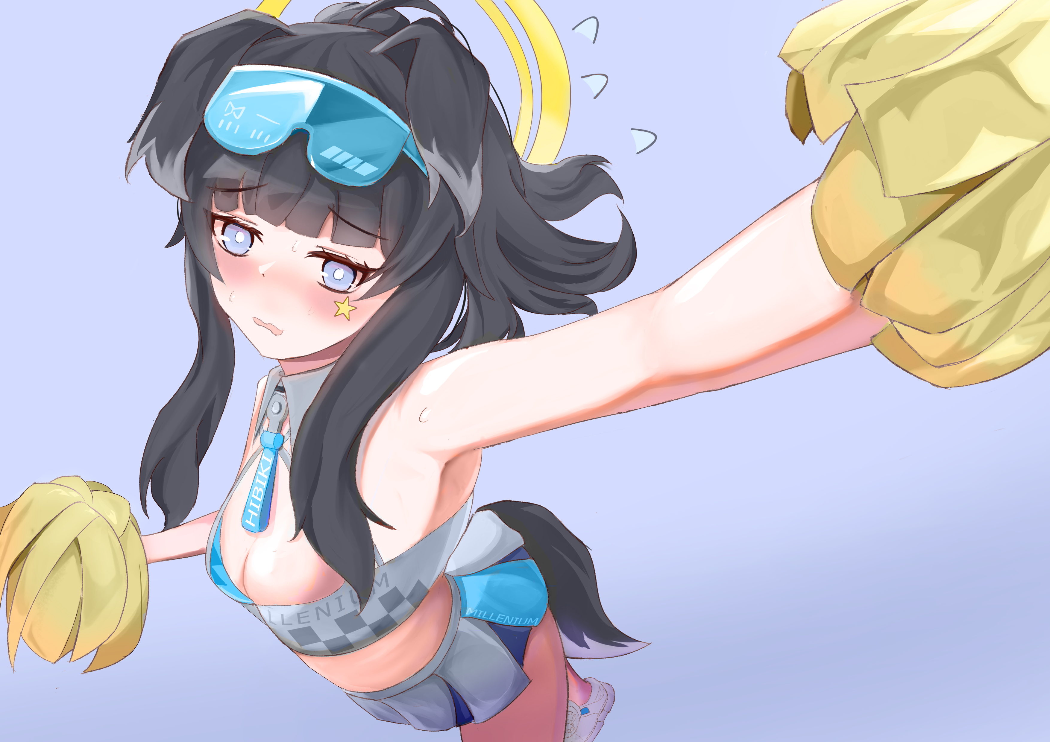 pelele mon, hibiki (blue archive), hibiki (cheer squad) (blue archive), blue archive, absurdres, commentary request, highres, 1girl, animal ears, arm up, black hair, blue eyes, blush, breasts, cheerleader, dog ears, dog girl, dog tail, embarrassed, goggles, goggles on head, halo, holding, holding pom poms, long hair, looking at viewer, millennium cheerleader outfit (blue archive), official alternate costume, open mouth, pom pom (cheerleading), pom poms, shoes, simple background, skirt, small breasts, solo, standing, star (symbol), star sticker, sticker, sticker on face, sweatdrop, tail, white shoes, yellow halo