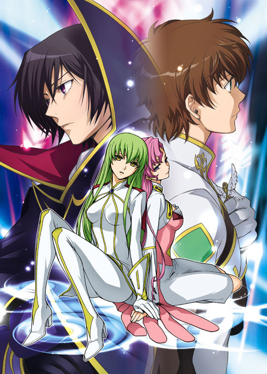ruru (ultimatepowers.info.), c.c., euphemia li britannia, kururugi suzaku, lelouch vi britannia, zero (code geass), code geass, pilot suit, 2boys, 2girls, black hair, brown hair, cape, dress, green hair, long hair, multiple boys, multiple girls, pink hair