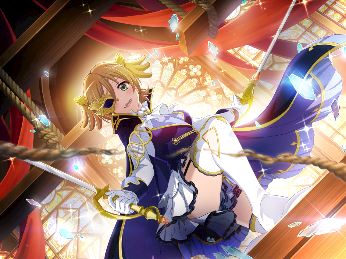 daiba nana, erik (phantom of the opera), phantom of the opera, shoujo kageki revue starlight, shoujo kageki revue starlight -re live-, game cg, official art, 1girl, ascot, blurry, blurry foreground, boots, cape, cosplay, dual wielding, dutch angle, erik (phantom of the opera) (cosplay), eye mask, green eyes, half eye mask, holding, holding sword, holding weapon, kneeling, long sleeves, looking at viewer, mask, open mouth, orange hair, purple cape, rope, short hair, skirt, solo, sword, thigh boots, thigh strap, twintails, weapon, white ascot, white boots, white skirt