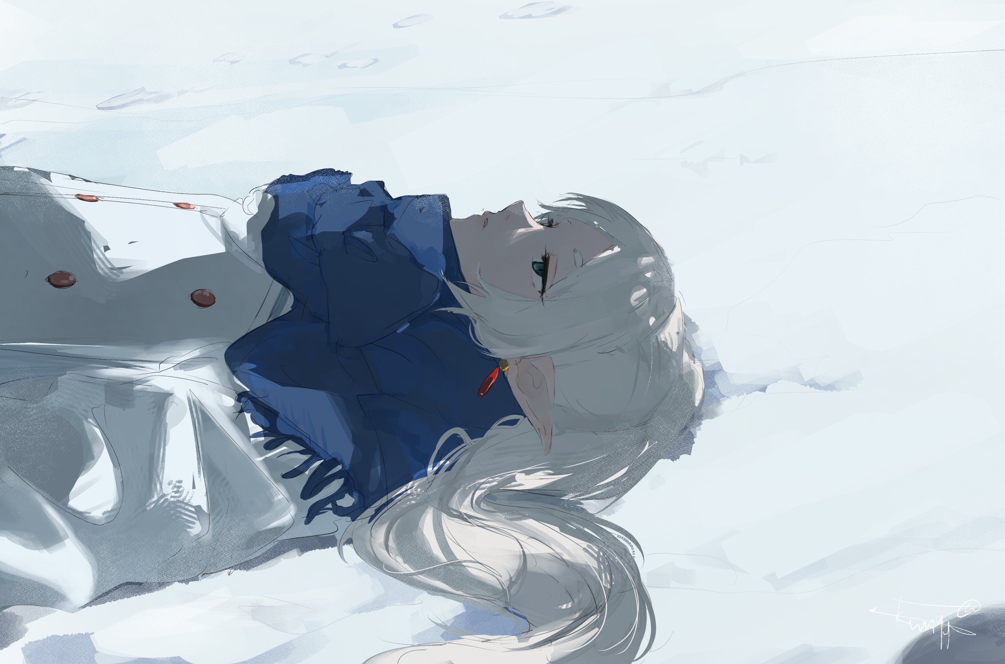 kumah dessu, frieren, sousou no frieren, absurdres, commentary, english commentary, highres, 1girl, coat, earrings, elf, jewelry, lying, pointy ears, scarf, snow, solo, white coat