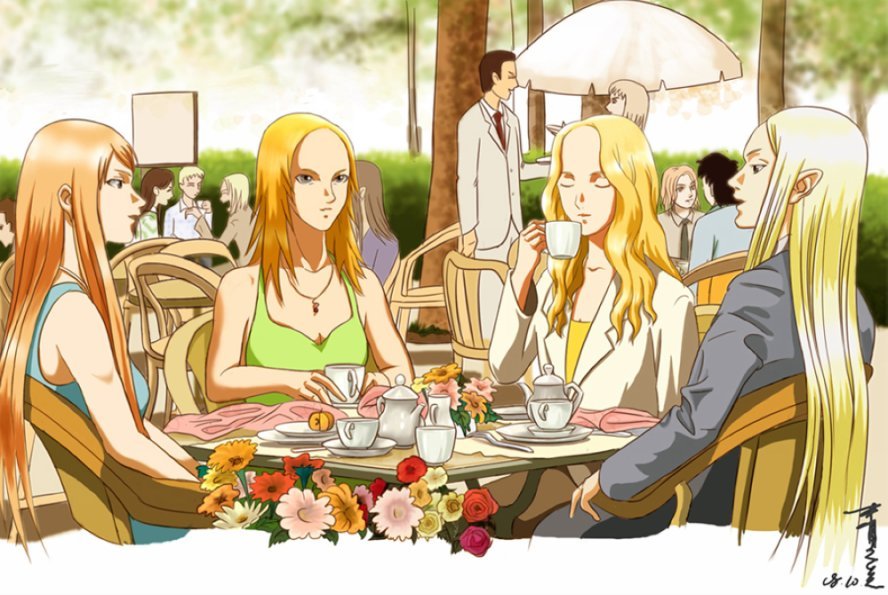 clare (claymore), deneve, galatea, helen, irene, miria, teresa, claymore (series), 4boys, 6+girls, alternate costume, contemporary, cup, multiple boys, multiple girls, table, tea