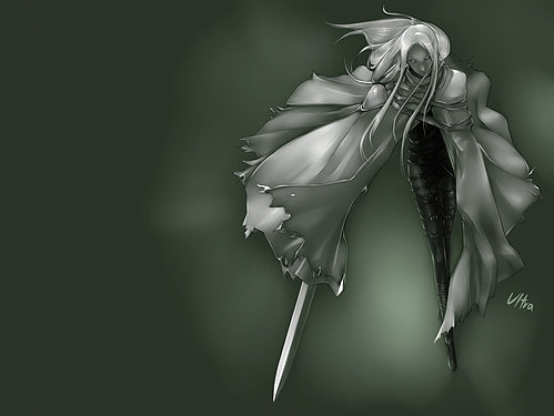 irene, claymore (series), lowres, tagme, claymore (sword), green theme, monochrome, solo, sword, weapon