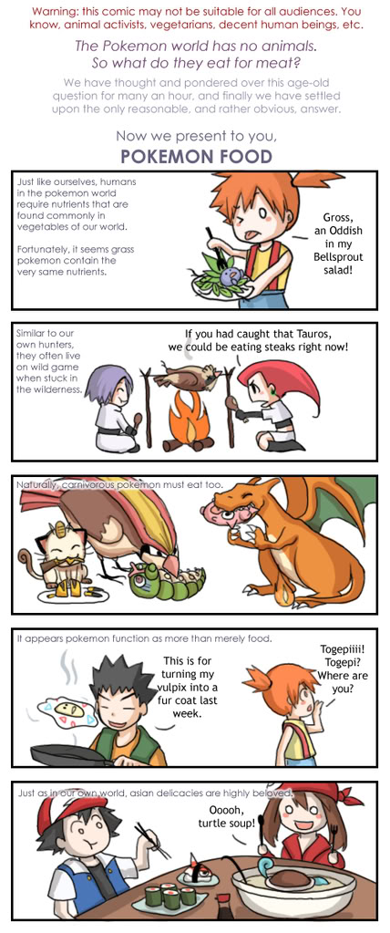 ash ketchum, bellsprout, brock (pokemon), caterpie, charizard, goldeen, james (pokemon), jessie (pokemon), jigglypuff, may (pokemon), meowth, misty (pokemon), oddish, pidgeot, pidgey, pikachu, squirtle, togepi, nintendo, pokemon, pokemon (anime), pokemon (classic anime), pokemon rse (anime), hard-translated, third-party edit, translated, 3boys, 3girls, child, comic, creature as food, english text, fire, flame-tipped tail, food, gen 1 pokemon, gen 2 pokemon, hat, multiple boys, multiple girls, pokemon (creature), side ponytail, tail, team rocket, truth