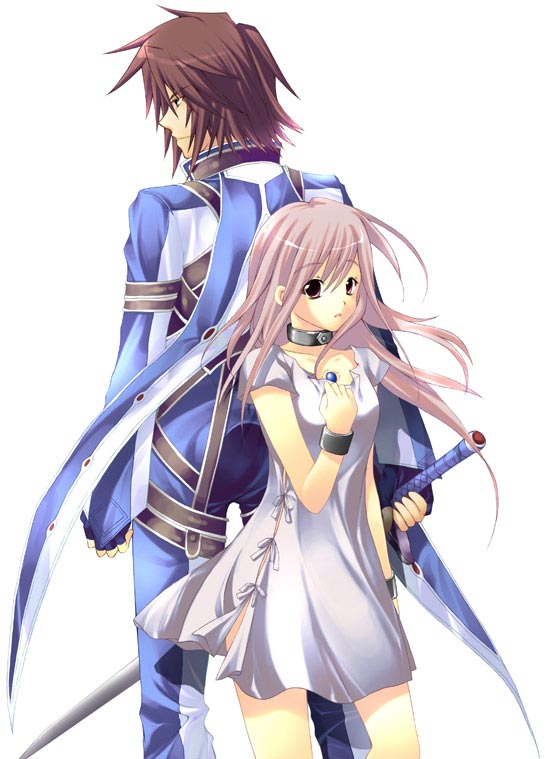 anna irving, kratos aurion, tales of (series), tales of symphonia, 00s, brown hair, collar, couple, long hair, pink hair, short hair, simple background, sword, weapon