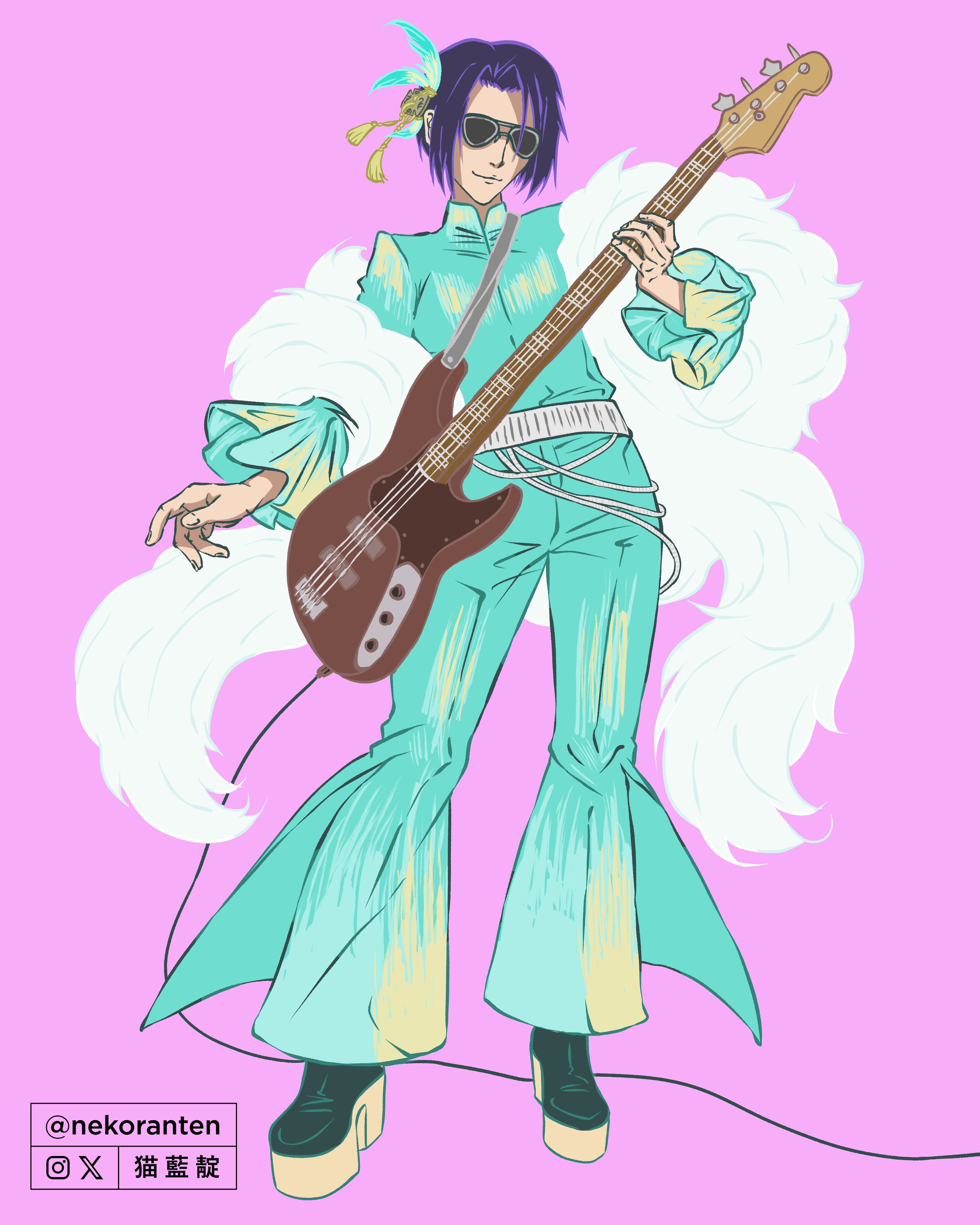 nekoranten, ayasegawa yumichika, bleach, absurdres, commentary, english commentary, highres, 1boy, aqua jacket, aqua pants, electric guitar, feather hair ornament, feathers, full body, fur scarf, girly boy, guitar, hair ornament, instrument, jacket, male focus, pants, pink background, platform heels, purple hair, smile, solo, sunglasses, tassel, tassel hair ornament, twitter username