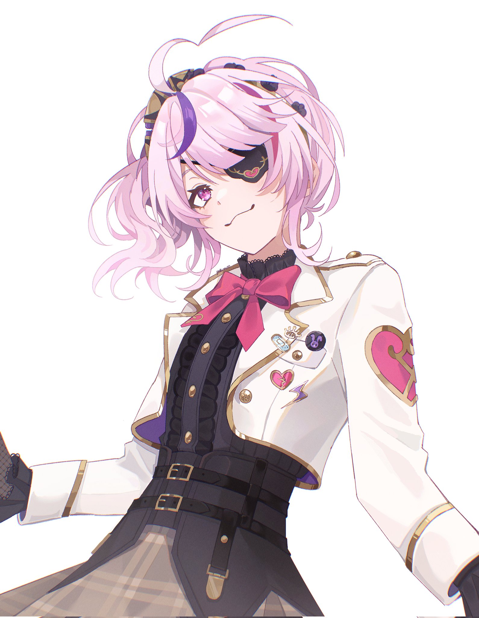 yakira00, maria marionette, maria marionette (1st costume), nijisanji, nijisanji en, commentary, hashtag-only commentary, highres, symbol-only commentary, 1girl, :3, ahoge, black gloves, black shirt, bow, bowtie, brooch, brown skirt, checkered clothes, checkered skirt, closed mouth, collared shirt, cowboy shot, cropped jacket, dress shirt, fishnet gloves, fishnets, frilled sleeves, frills, gloves, heart, heart ahoge, jacket, jewelry, lapels, long sleeves, looking at viewer, medium hair, multicolored hair, pink bow, pink bowtie, pink eyes, pink hair, purple streaks, shirt, side ponytail, sidelocks, simple background, skirt, smile, solo, streaked hair, two-tone hair, virtual youtuber, white background, white jacket