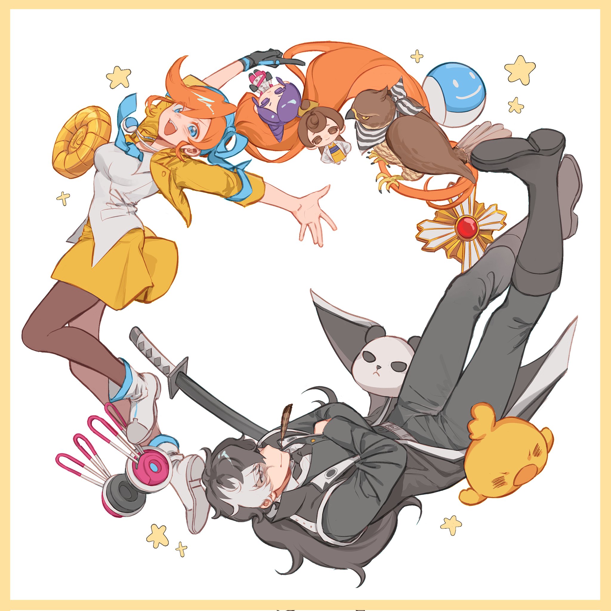 athena cykes, aura blackquill, metis cykes, simon blackquill, taka (ace attorney), ace attorney, phoenix wright: ace attorney – dual destinies, commentary request, corrupted twitter file, highres, 1boy, 1girl, :d, bird, black gloves, black hair, black jacket, black necktie, black pants, black shoes, blue bow, blue eyes, blue hairband, blue necktie, bow, bow hairband, character doll, closed mouth, crescent, crescent earrings, cropped jacket, crossed arms, doll, earrings, feather in mouth, full body, gloves, grey hair, hair between eyes, hair bow, hairband, hawk, headphones, house3122, jacket, jewelry, long hair, long sleeves, looking at viewer, multicolored hair, necklace, necktie, open clothes, open jacket, open mouth, orange hair, pants, pantyhose, ponytail, rotational symmetry, scabbard, sheath, sheathed, shirt, shoes, side ponytail, single earring, single glove, skirt, smile, star (symbol), sword, teeth, three-quarter sleeves, two-tone hair, unworn headphones, upper teeth only, very long hair, weapon, white shirt, white shoes, yellow jacket, yellow skirt