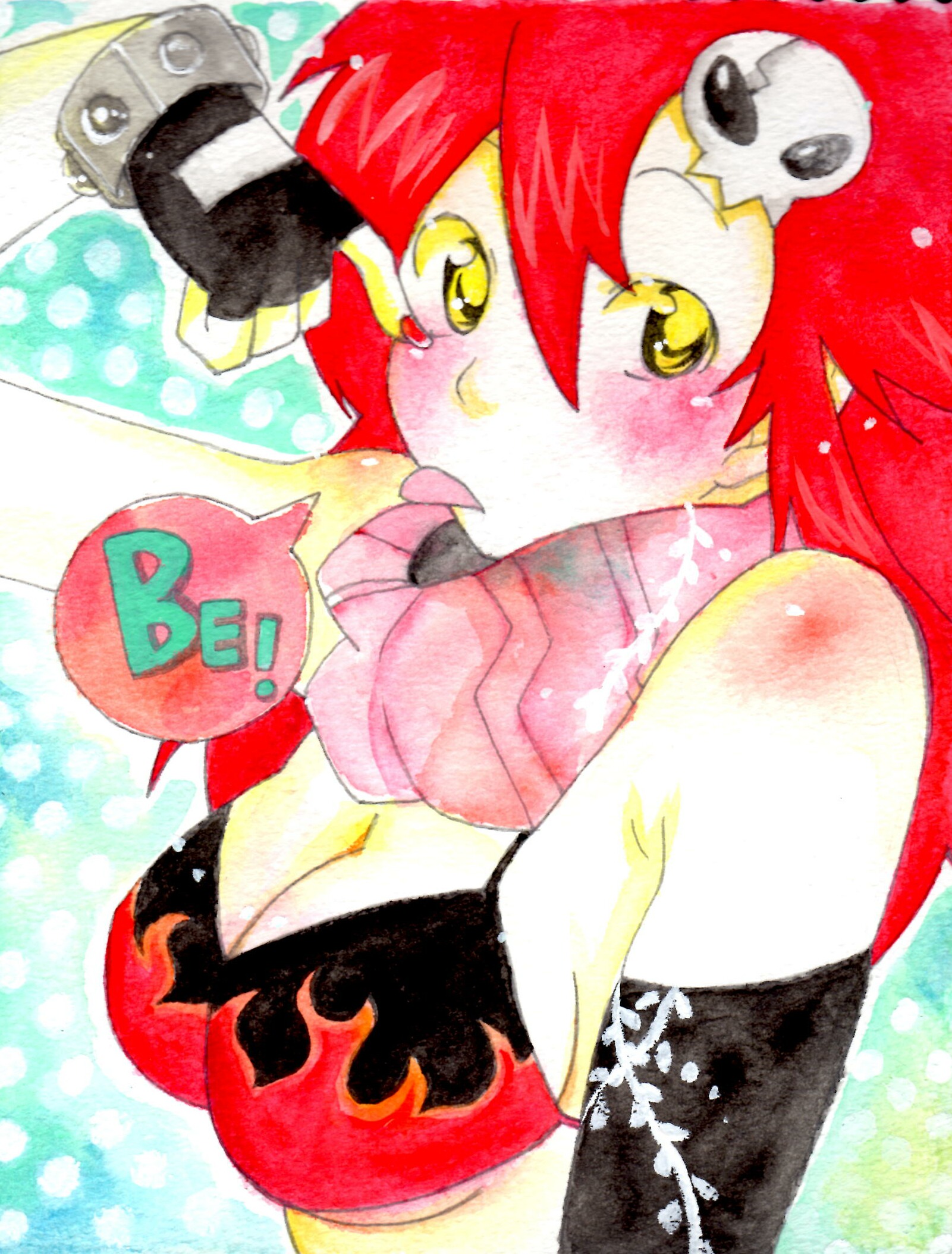 renju, yoko littner, tengen toppa gurren lagann, bad id, bad pixiv id, highres, painting (medium), traditional media, watercolor (medium), 00s, 1girl, bikini, bikini top only, bra, breasts, cleavage, female focus, fingerless gloves, gloves, hair ornament, large breasts, lingerie, red hair, scarf, solo, swimsuit, tongue, underwear