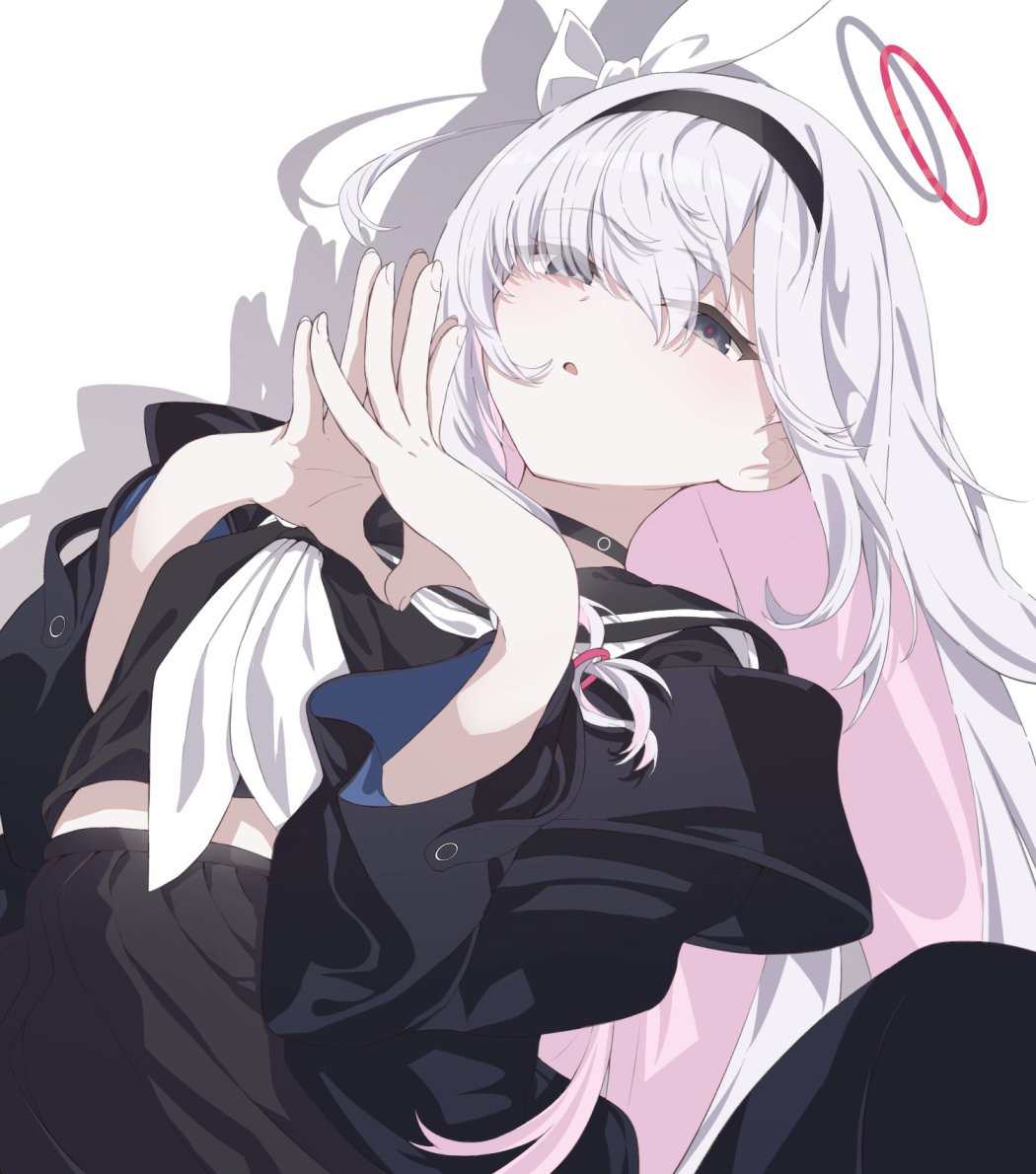 maosame, plana (blue archive), blue archive, commentary, 1girl, black choker, black coat, black eyes, black hairband, black sailor collar, black serafuku, braid, choker, coat, colored inner hair, hair over one eye, hairband, halo, light blush, long hair, looking at viewer, multicolored hair, neckerchief, own hands together, parted lips, pink hair, red halo, red pupils, sailor collar, school uniform, serafuku, shadow, simple background, single braid, solo, steepled fingers, upper body, white background, white hair, white neckerchief