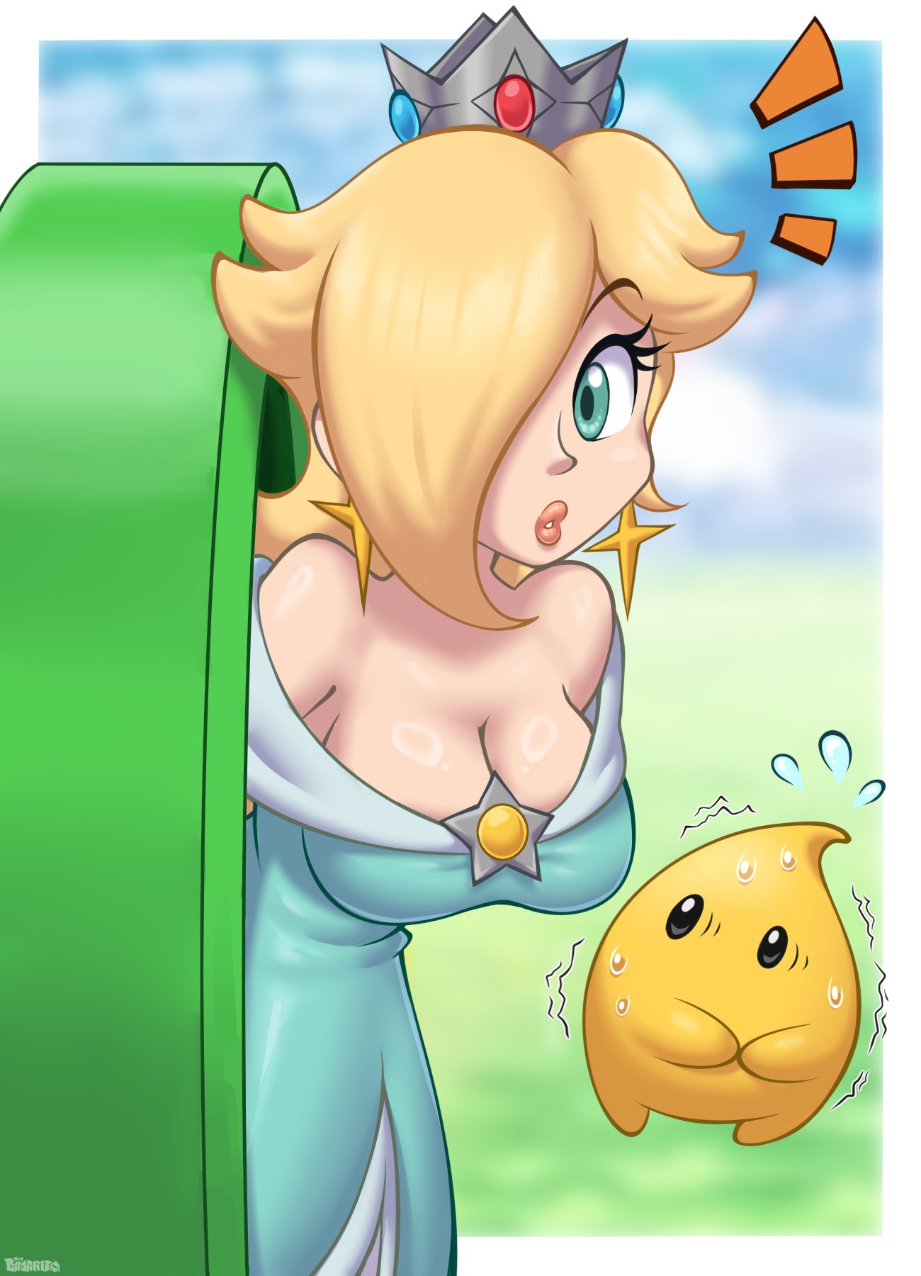 cajarito, luma (mario), rosalina, mario (series), nintendo, super mario bros. wonder, commentary, english commentary, highres, 1girl, artist name, bare shoulders, blonde hair, blue dress, blue eyes, blurry, blurry background, border, breasts, brooch, cleavage, crown, dress, earrings, eyelashes, flying sweatdrops, hair over one eye, jewelry, large breasts, long hair, looking at viewer, off-shoulder dress, off shoulder, outside border, parted lips, ring light reflection, star (symbol), star brooch, star earrings, sweat, warp pipe, white border