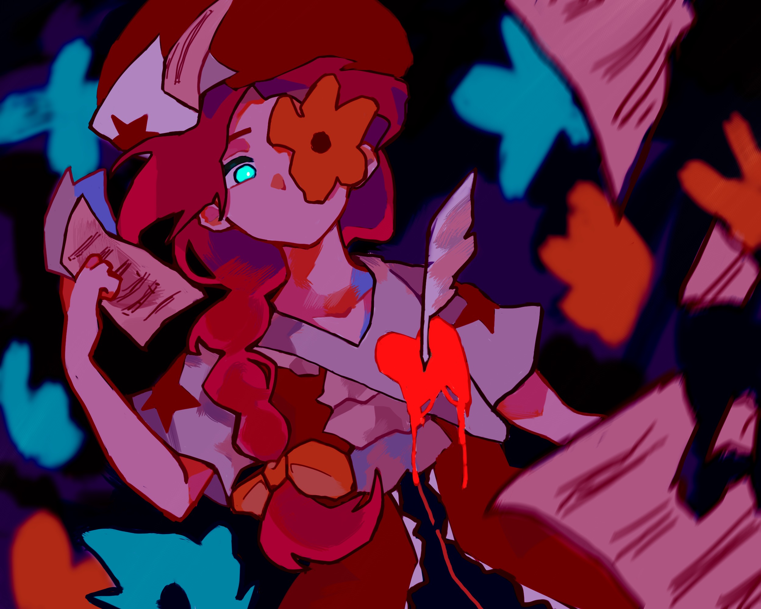 wolfgang amadeus mozart (classicaloid), classicaloid, highres, 1boy, ascot, blue eyes, braid, bug, butterfly, flower, flower over eye, hat, heart, holding, holding paper, insect, male focus, no mouth, paper, penguin-hannnnn, quill, red hat, sheet music, solo, torn paper, white ascot