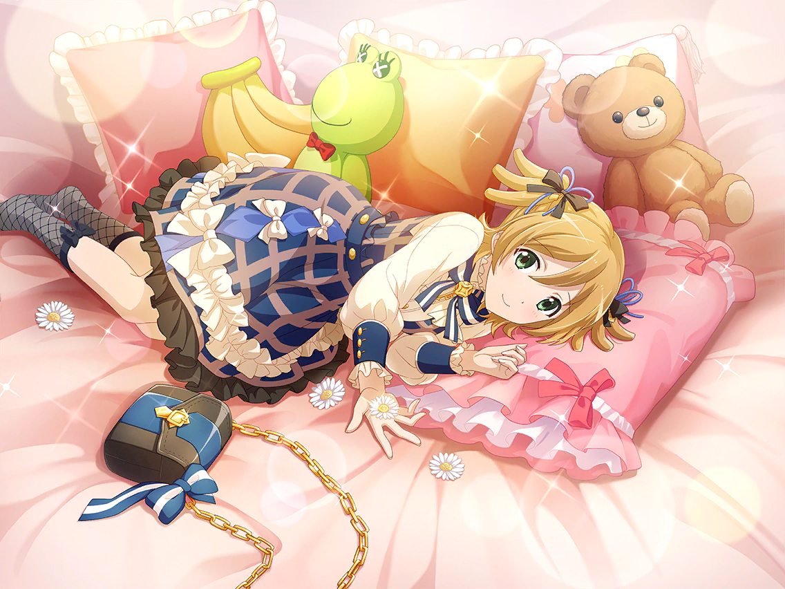 daiba nana, shoujo kageki revue starlight, shoujo kageki revue starlight -re live-, game cg, official art, 1girl, banana, black bag, blue dress, blue ribbon, closed mouth, daisy (flower), dress, fishnet socks, fishnets, flower, food, frilled dress, frilled sleeves, frills, fruit, green eyes, long sleeves, looking at viewer, lying, neck ribbon, on side, orange hair, pillow, plaid clothes, plaid dress, ribbon, shirt, short hair, smile, socks, solo, stuffed animal, stuffed food, stuffed frog, stuffed toy, twintails, white shirt