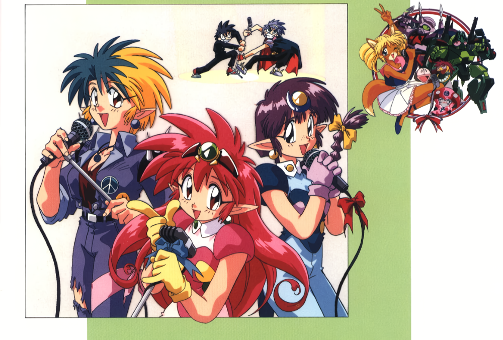 arara cocoa, arara milk, baba lamune, da cider, heavy meta-ko, leska (arara cafe au lait), tama-q, ng knight lamune & 40, non-web source, official art, 1990s (style), 2boys, 4girls, aqua hair, arm up, blonde hair, blue eyes, braid, braided ponytail, breasts, cleavage, earrings, fox girl, gloves, headpiece, holding, holding microphone, holding microphone stand, jewelry, long hair, looking at viewer, mecha, microphone, microphone stand, multiple boys, multiple girls, necklace, open mouth, pants, peace symbol, pointy ears, purple gloves, purple hair, red eyes, red hair, retro artstyle, robot, short hair, sphere earrings, standing, torn clothes, torn pants, v, yellow gloves