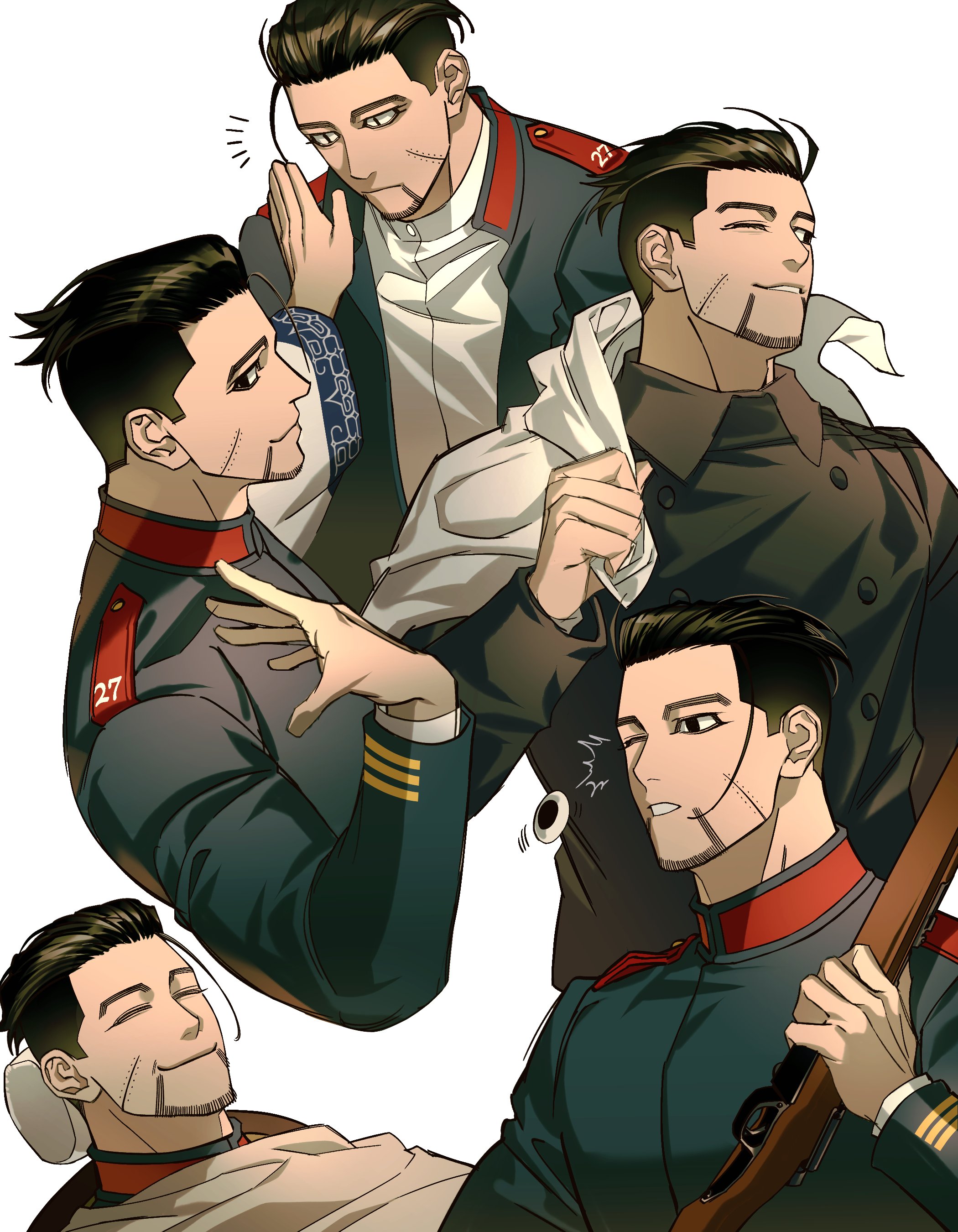 rakkonabe, ogata hyakunosuke, golden kamuy, absurdres, commentary request, highres, korean commentary, 1boy, black hair, black jacket, closed mouth, facial hair, goatee, googly eyes, gun, hair slicked back, holding, holding gun, holding weapon, jacket, male focus, mature male, military jacket, multiple views, one eye closed, rifle, scar, scar on face, shirt, slit pupils, smile, undercut, weapon, white background, white shirt
