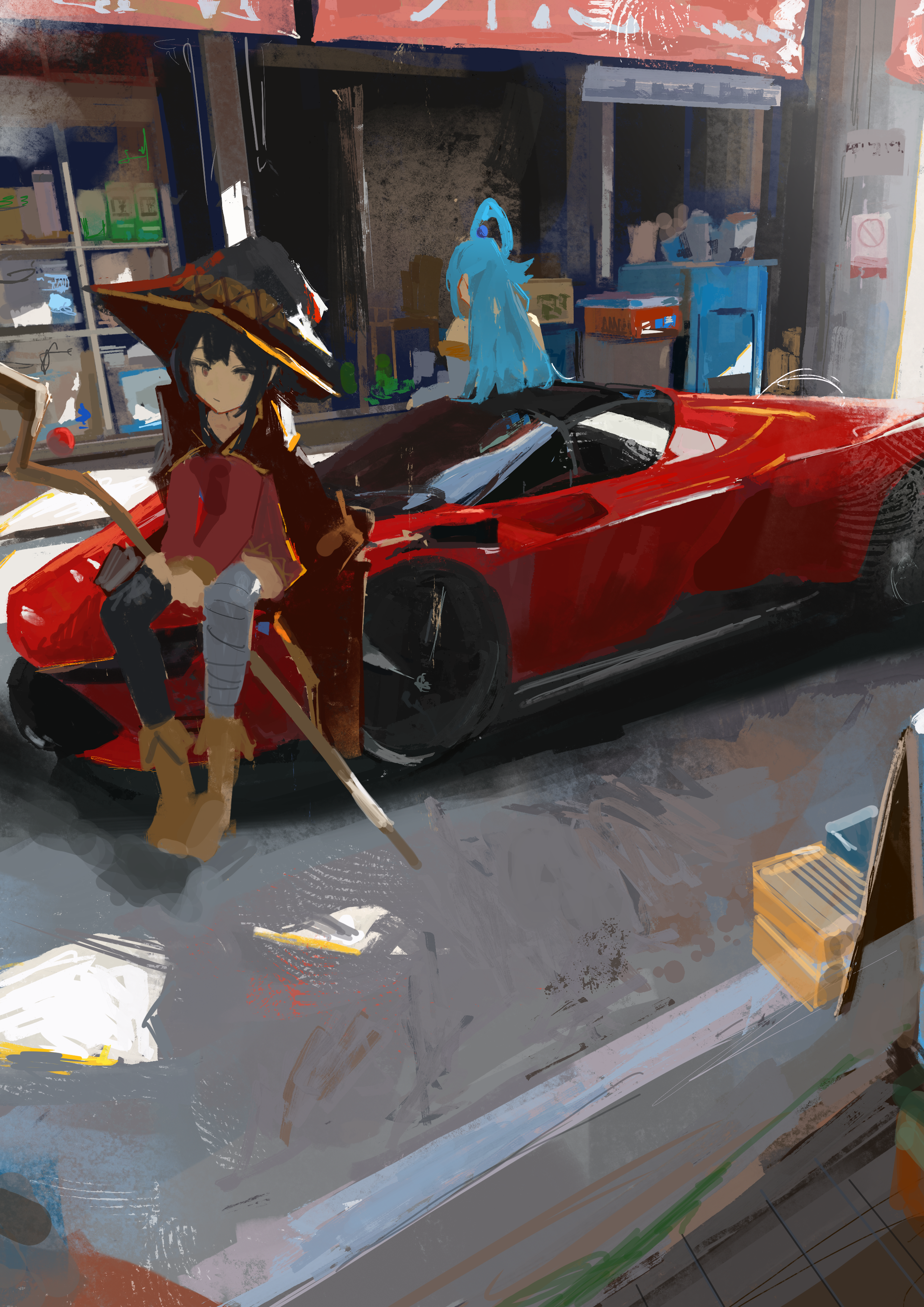 koukouya, aqua (konosuba), megumin, kono subarashii sekai ni shukufuku wo!, absurdres, commentary request, highres, 2girls, bandaged leg, bandages, bare shoulders, black cloak, black hair, black hat, black thighhighs, blue hair, boots, brown boots, car, cloak, closed mouth, detached sleeves, dress, hat, holding, holding staff, long hair, long sleeves, motor vehicle, multiple girls, red dress, red eyes, road, single thighhigh, sitting, sports car, staff, street, thighhighs, witch hat