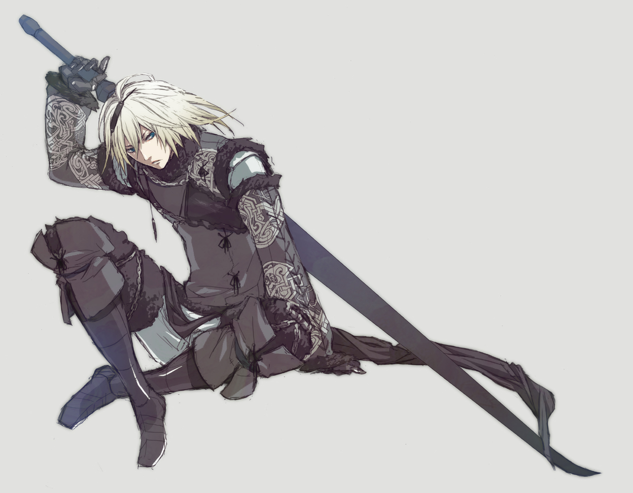 beniyama, nier (brother), nier (brother) (post timeskip), nier, nier (series), clothes, bad id, bad pixiv id, 1boy, aged down, blonde hair, blue eyes, full body, grey background, male focus, simple background, sitting, solo, sword, weapon, white hair