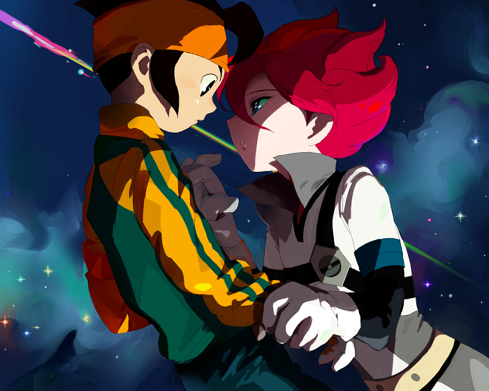 kosei (wea), endou mamoru, kiyama hiroto, inazuma eleven, inazuma eleven (series), 2boys, androgynous, black hair, brown eyes, brown hair, gloves, goalkeeper, green eyes, hairband, headband, holding hands, male focus, multiple boys, raimon, raimon soccer uniform, red hair, shooting star, soccer uniform, space, sportswear