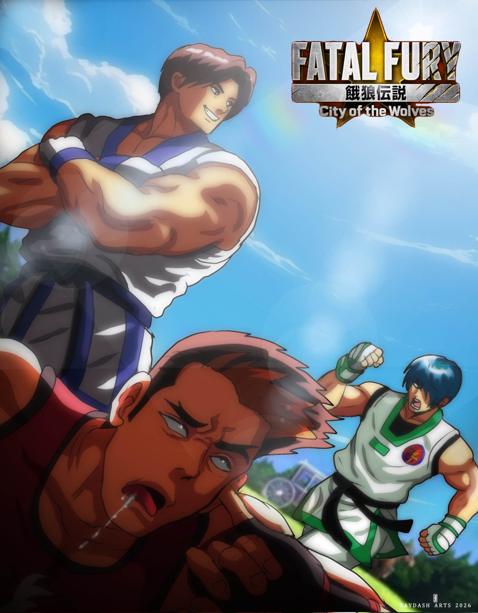 raydash30, kim dong hwan, kim jae hoon, kim kaphwan, fatal fury, fatal fury: city of the wolves, snk, 2026, 3boys, artist name, black gloves, blue gloves, blue hair, blue sky, blurry, blurry background, brothers, brown hair, carriage, clenched hand, cloud, copyright name, dated, dobok, drooling, father and son, fingerless gloves, gloves, green gloves, grin, male focus, martial arts belt, multiple boys, muscular, muscular male, open mouth, outdoors, red gloves, red hair, saliva, short hair, siblings, sky, smile, teeth, tongue, two-tone gloves, watermark, white gloves