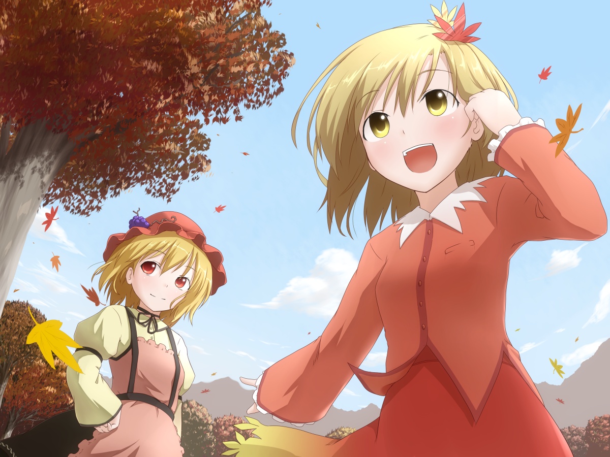 natsu no koucha, aki minoriko, aki shizuha, touhou, 2girls, autumn, day, female focus, hair ornament, happy, leaf, leaf hair ornament, multiple girls, sky, smile