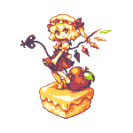 uruchimai, flandre scarlet, touhou, lowres, 1girl, apple, blonde hair, bow, cake, dress, female focus, food, fruit, full body, hat, isometric, pastry, pixel art, pudding, red eyes, ribbon, solo, transparent background