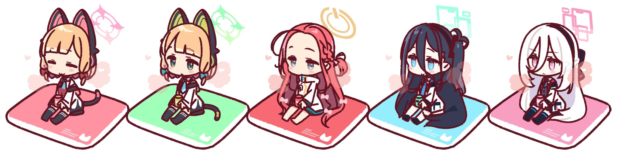 yoru nai, kei (blue archive), kei (new body) (blue archive), midori (blue archive), momoi (blue archive), yuzu (blue archive), blue archive, commentary request, highres, long image, wide image, 5girls, animal ear headphones, animal ears, aqua halo, black hair, black hairband, blonde hair, blue eyes, blunt bangs, cat ear headphones, cat ears, chibi, chibi only, coat, cushion, double-parted bangs, fake animal ears, full body, game development department (blue archive), green halo, grey eyes, hair between eyes, hairband, halo, headphones, long hair, long hair between eyes, multiple girls, pink eyes, pink halo, rectangular halo, red hair, short hair, siblings, simple background, sisters, sitting, tail, twins, white hair, yellow halo, zabuton