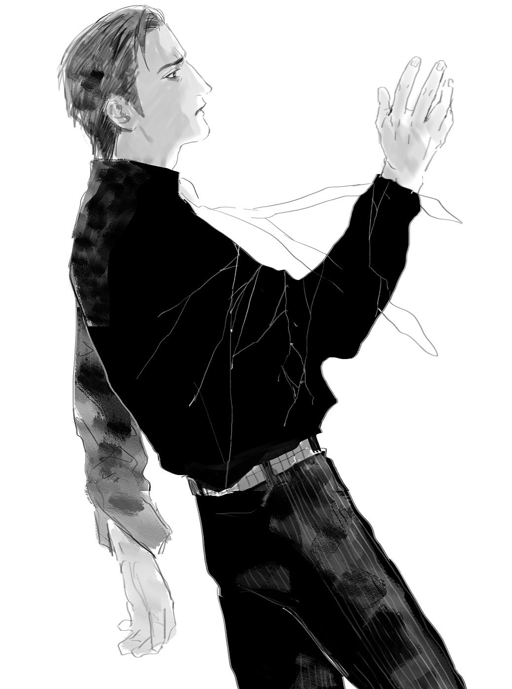 mine yoshitaka, ryuu ga gotoku (series), ryuu ga gotoku 3, commentary request, highres, 1boy, ahoge, belt, cowboy shot, hair slicked back, male focus, monochrome, necktie, no jacket, outstretched arm, pants, pinstripe pants, pinstripe pattern, profile, sad, solo, studded belt, tyag53, unbuttoned sleeves