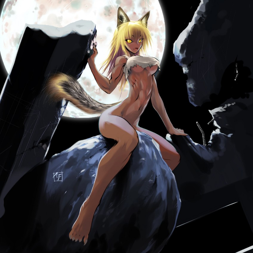 alf874, original, 1girl, abs, animal ears, barefoot, blonde hair, bottomless, breasts, claws, dark-skinned female, dark skin, debris, feet, female focus, long hair, moon, muscular, rubble, sitting, solo, tail, underboob, werewolf, wolf ears, yellow eyes