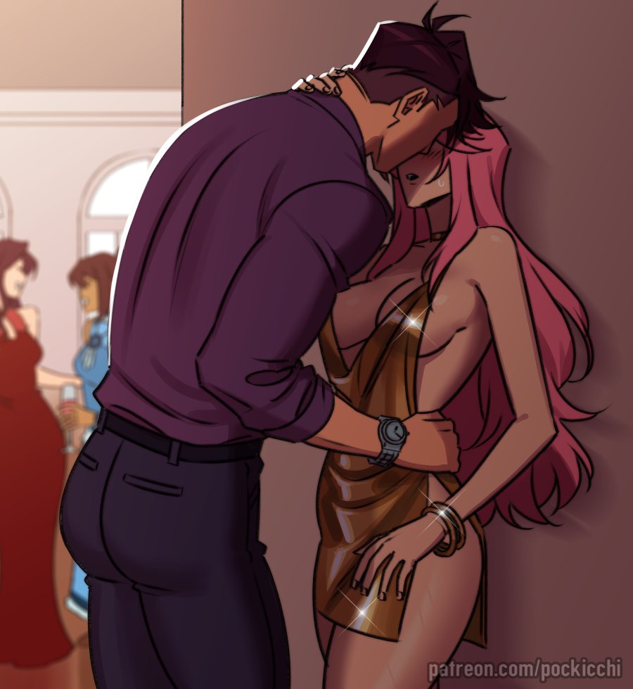 pockicchi, kai (pockicchi), lisa (pockicchi), original, commentary, english commentary, 1boy, 1girl, against wall, blue pants, blurry, blurry background, bracelet, breasts, brown hair, cowl neck, dress, gold dress, halterneck, hand on another's neck, hand on another's waist, hetero, imminent kiss, jewelry, long hair, pants, parted lips, pink hair, purple shirt, shirt, short dress, short hair, side slit, standing, watch, watermark, web address, wristwatch