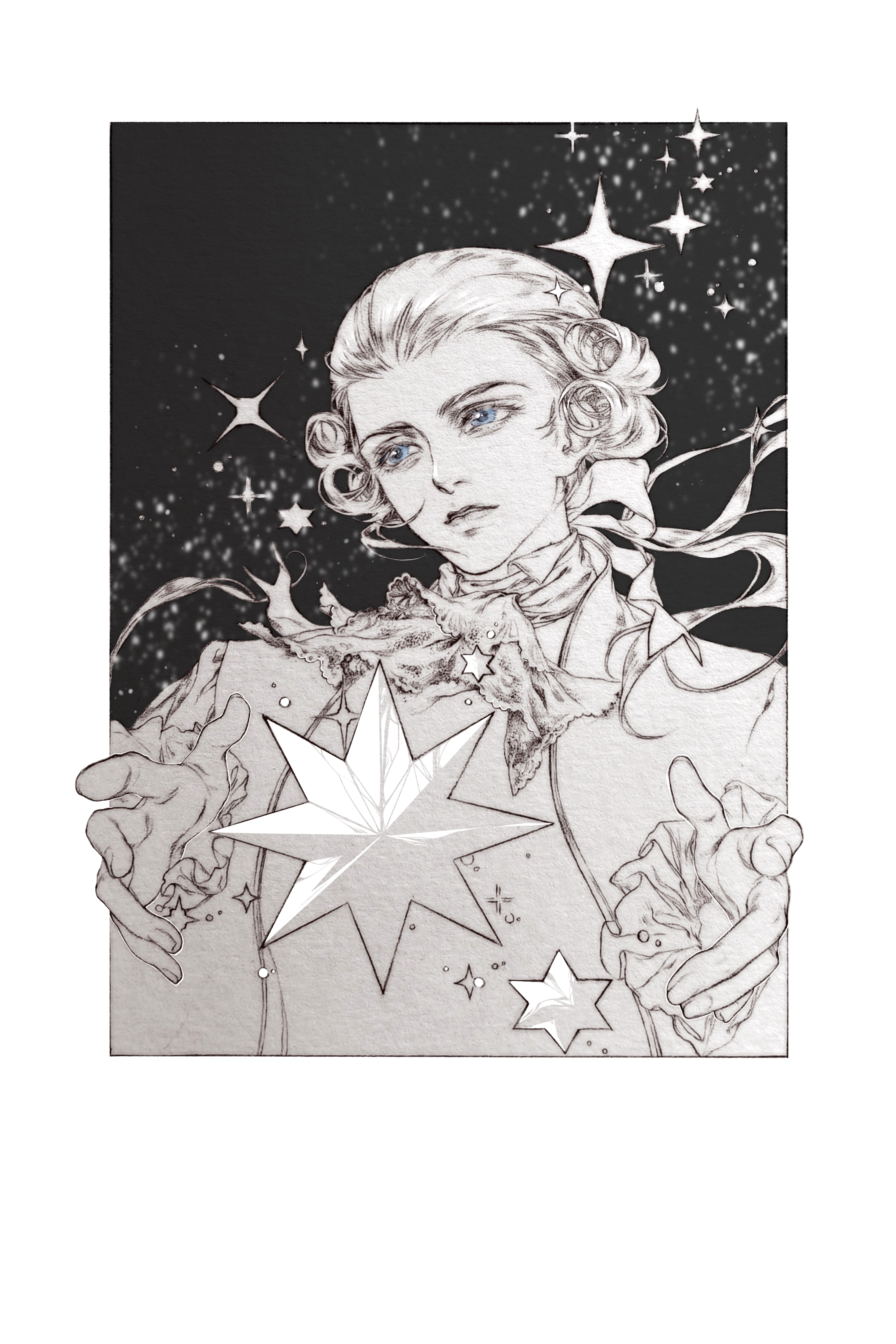 wolfgang amadeus mozart (classicaloid), classicaloid, absurdres, chinese commentary, commentary request, highres, traditional media, 1boy, ascot, blue eyes, border, eyelashes, greyscale, looking ahead, male focus, monochrome, parted lips, ponytail, solo, sparkle, spot color, star (sky), upper body, white border, yueyi cemu