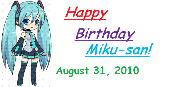 hatsune miku, vocaloid, 1girl, alternating caption, dithering, english text, female focus, happy birthday, necktie, simple background, solo, twintails