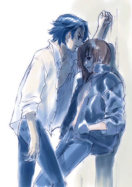 nishida asako, anubituf (simoun), guragief (simoun), simoun, 00s, 2boys, against wall, arm up, blue eyes, clenched hand, closed mouth, collared shirt, dress shirt, flipped hair, frown, hair over one eye, hands in pockets, jacket, kabedon, leaning back, looking at another, male focus, multiple boys, open clothes, open shirt, pants, shade, shirt, simple background, sleeves rolled up, standing, white background, white shirt