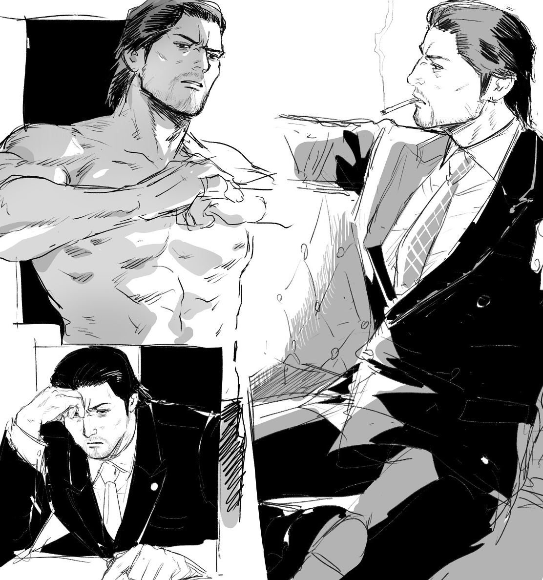 dojima daigo, ryuu ga gotoku (series), ryuu ga gotoku 3, commentary request, beard, cigarette, couch, facial hair, fighting stance, fist in hand, formal clothes, greyscale, hair slicked back, male focus, monochrome, mullet, muscular, muscular male, neckie, reading, sitting, smoking, suit, tyag53