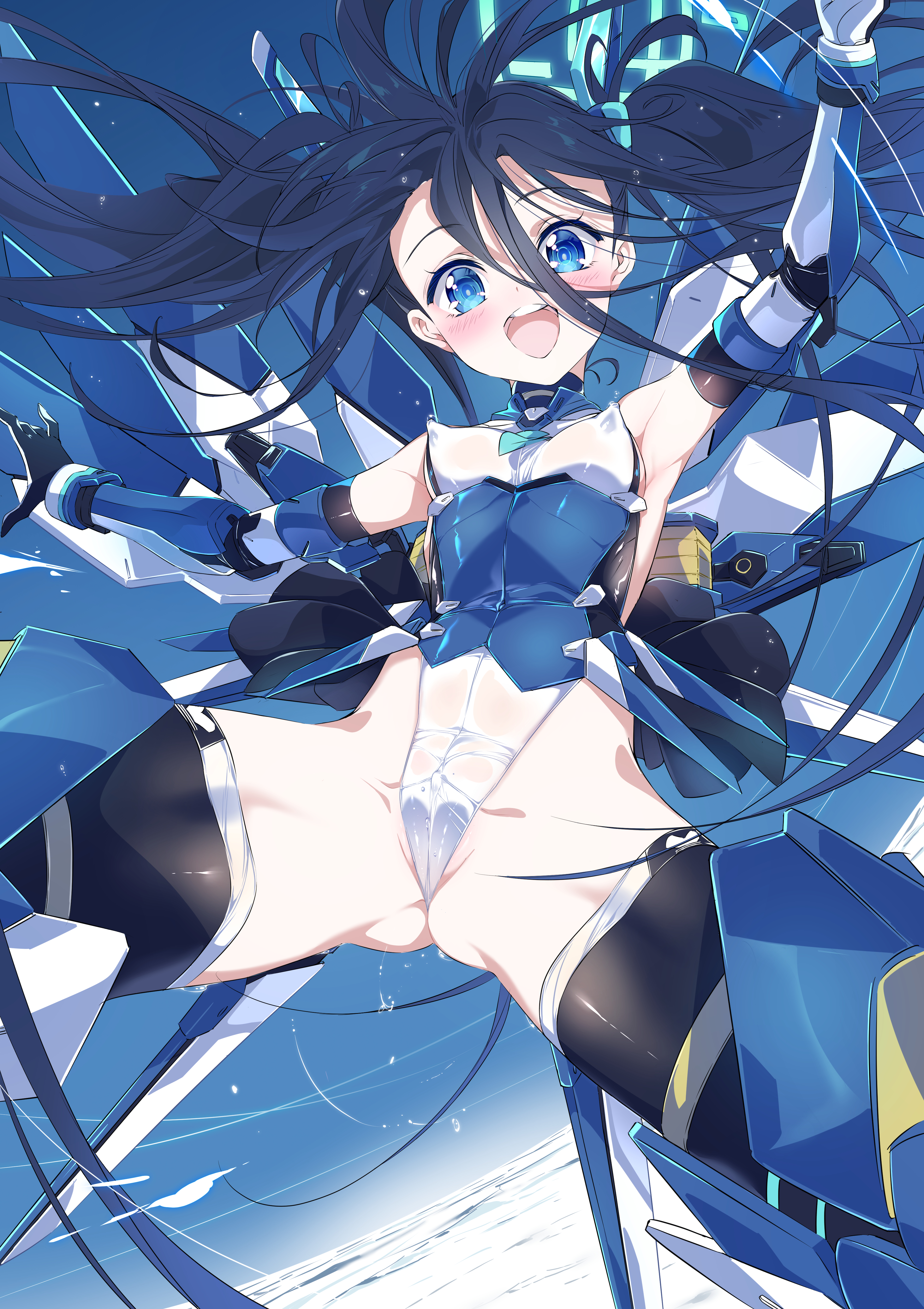 niko (tama), aris (armed) (blue archive), aris (blue archive), blue archive, absurdres, commentary request, highres, 1girl, aqua halo, black hair, blue halo, blue necktie, covered clitoris, covered erect nipples, covered navel, hair between eyes, halo, leotard, long hair, long hair between eyes, looking at viewer, mecha musume, mechanical legs, mechanical wings, multicolored leotard, necktie, official alternate costume, open mouth, rectangular halo, ringed eyes, showgirl skirt, smile, solo, super highleg, twintails, very long hair, wings