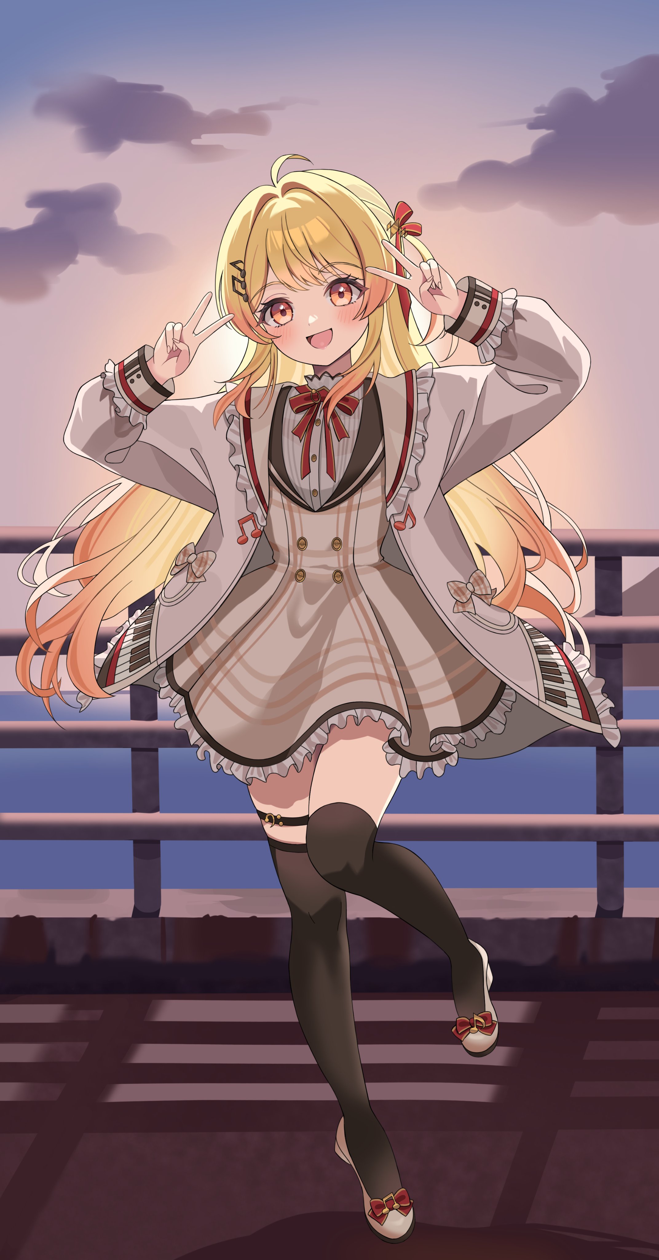 hanabi (minjo 0220), otonose kanade, hololive, hololive dev is, absurdres, hashtag-only commentary, highres, 1girl, :d, ahoge, black thighhighs, blonde hair, bow, bowtie, brown dress, brown sailor collar, buttons, cloud, double-breasted, double v, dress, footwear bow, fortissimo, frilled jacket, frills, full body, gradient hair, hair bow, hair ornament, jacket, long hair, long sleeves, multicolored hair, musical note, musical note hair ornament, musical note ornament, neck ribbon, open mouth, orange eyes, orange hair, piano print, plaid bow, plaid bowtie, plaid clothes, plaid dress, railing, red bow, red ribbon, ribbon, sailor collar, shirt, shoes, sidelocks, smile, solo, sunset, thigh strap, thighhighs, v, virtual youtuber, water, white jacket, white shirt, white shoes, zettai ryouiki
