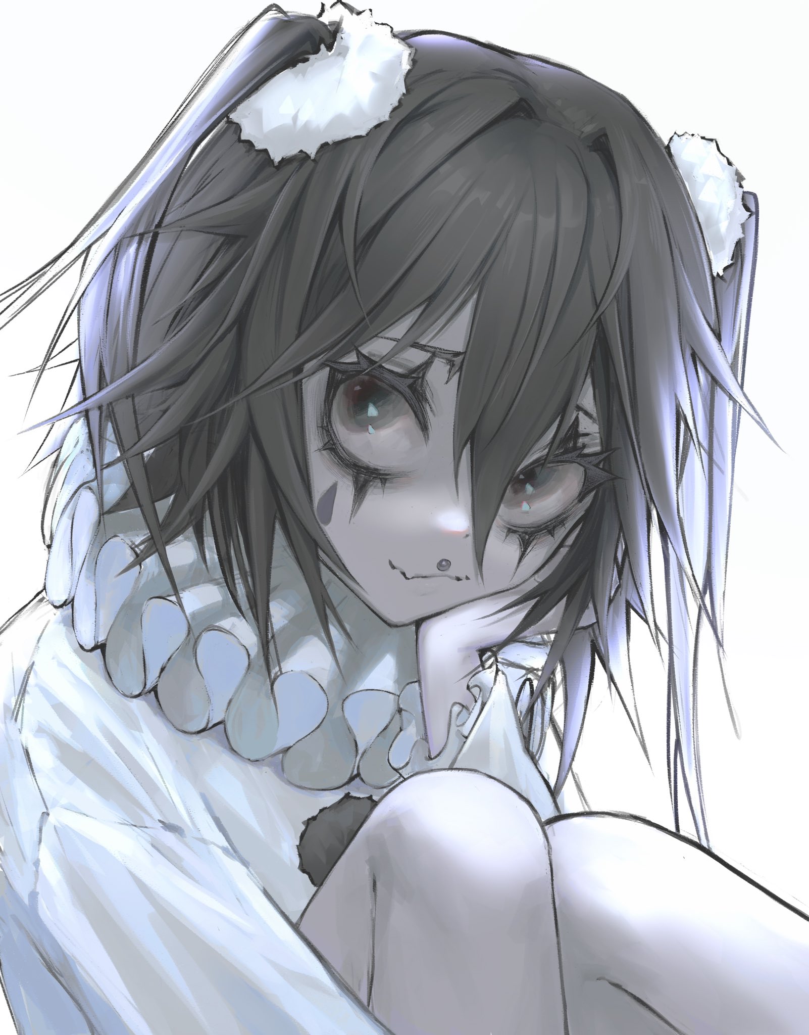 original, highres, 1girl, black eyes, black hair, closed mouth, collar, double-parted bangs, facial mark, hair between eyes, hair ornament, hand on own cheek, hand on own face, long sleeves, looking at viewer, makeup, mdm4, medium hair, shirt, simple background, smile, solo, teardrop facial mark, upper body, white background, white collar, white shirt