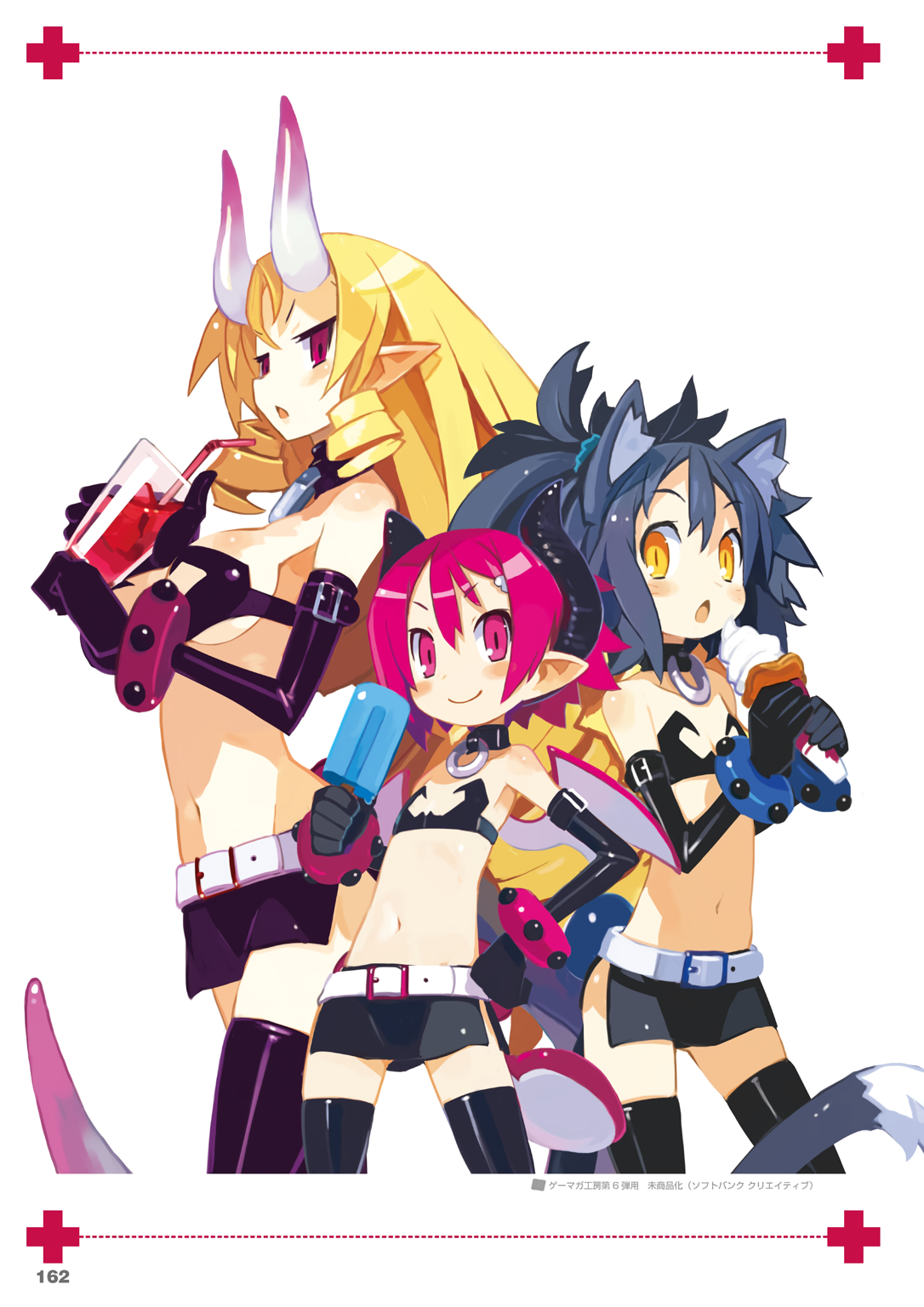 harada takehito, etna (disgaea), raspberyl, rutile (disgaea), stella grossular, disgaea, makai senki disgaea 3, highres, non-web source, official art, photoshop (medium), 3girls, :o, animal ears, belt, bendy straw, black hair, blonde hair, blush, bracelet, breasts, cat ears, chestnut mouth, choker, cosplay, demon horns, demon tail, drink, drinking straw, elbow gloves, etna (disgaea) (cosplay), food, gloves, hand on own hip, horns, ice cream, jewelry, large breasts, long hair, multiple girls, navel, open mouth, page number, pink eyes, pink hair, pointy ears, ponytail, popsicle, red eyes, short hair, slit pupils, smile, tail, white background, yellow eyes