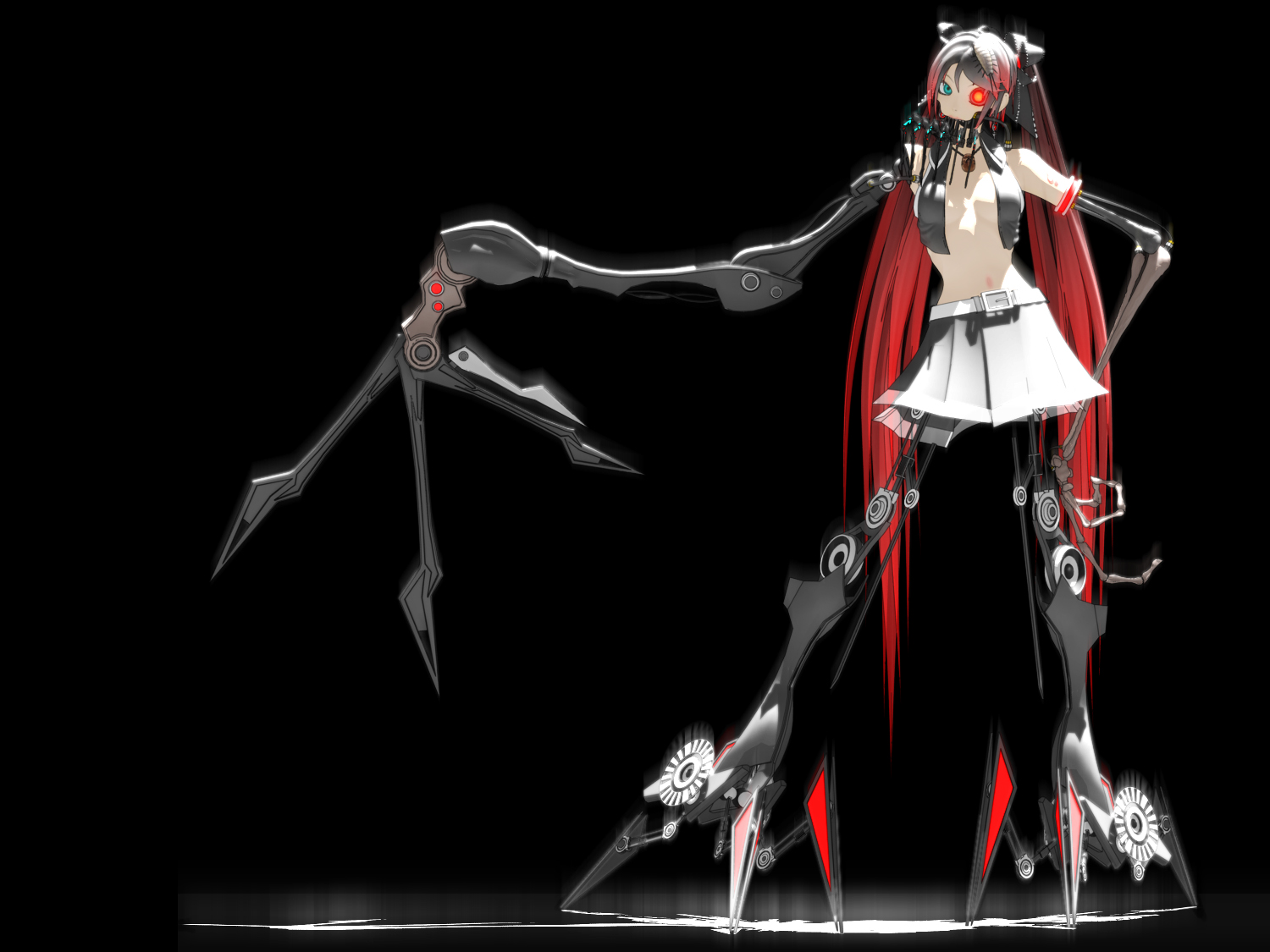 deino (deino3330), calne ca (deino), hatsune miku, nato-kun, ca (deino), original, vocaloid, mechanical, 1girl, 3d, android, belt, bone, bow, breasts, cleavage, crustacean, dark, female focus, gradient hair, heterochromia, isopod, jewelry, long hair, multicolored hair, navel, necklace, open clothes, open shirt, pendant, pleated skirt, red hair, ribbon, shirt, skirt, solo, twintails, very long hair