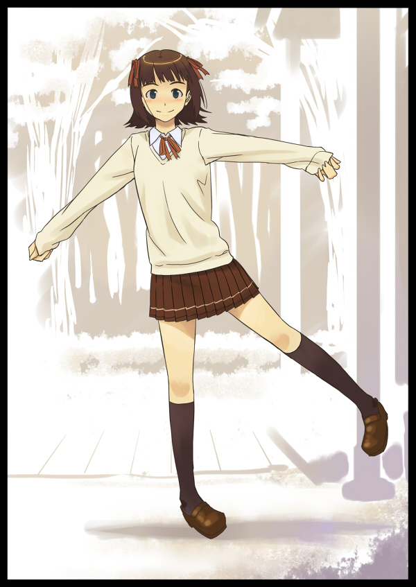 inu (aerodog), amami haruka, idolmaster, idolmaster (classic), 1girl, blush, brown hair, female focus, full body, green eyes, hair ribbon, outstretched arms, ribbon, school uniform, short hair, skirt, smile, socks, solo, spread arms, standing, standing on one leg, sweater
