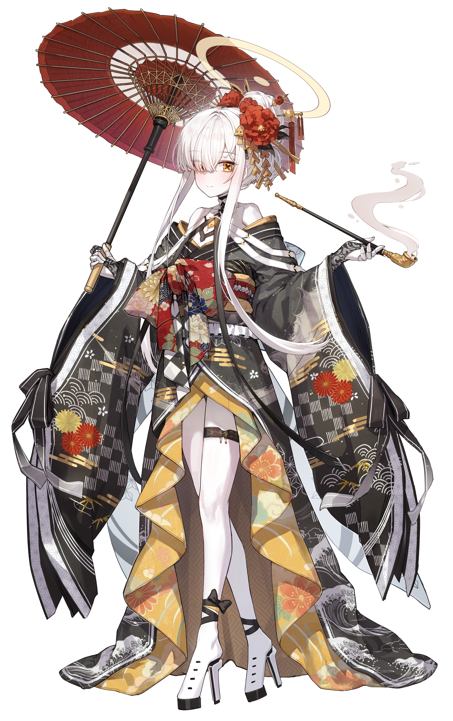 kokukyukeo, malkuth (blue archive), blue archive, absurdres, commentary, highres, 1girl, alternate costume, alternate hairstyle, bare shoulders, black bridal gauntlets, blush, bridal gauntlets, chinese hairpin, closed mouth, colored skin, flower, furisode, hair bun, hair flower, hair ornament, halo, high heels, holding, holding smoking pipe, holding umbrella, japanese clothes, kimono, lace bridal gauntlets, long hair, looking at viewer, obi, red flower, red sash, red umbrella, sash, smile, smoking pipe, solo, thigh strap, umbrella, white hair, white skin, wide sleeves, yellow eyes, yellow halo
