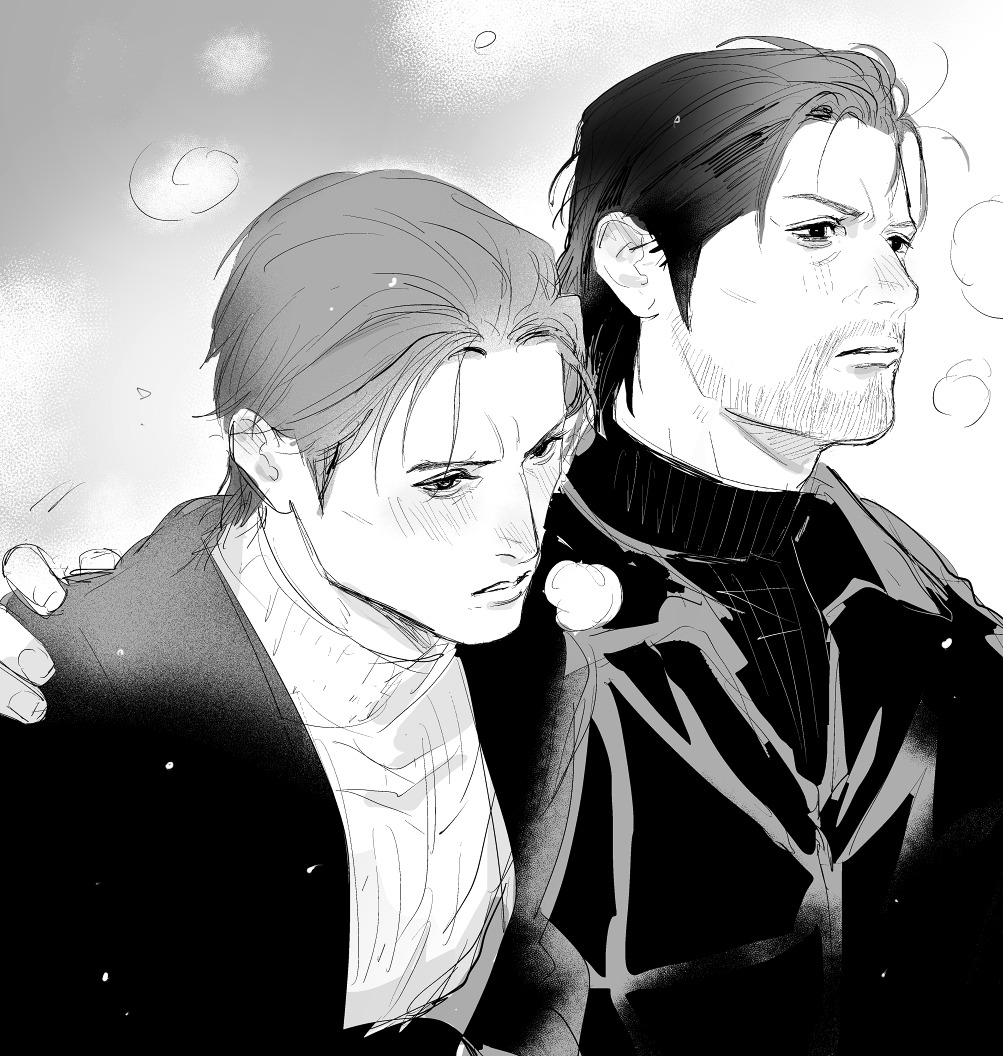 dojima daigo, mine yoshitaka, ryuu ga gotoku (series), ryuu ga gotoku 8, commentary request, 2boys, aged up, ahoge, bags under eyes, breath, coat, cold, greyscale, hand on another's shoulder, male focus, mature male, monochrome, multiple boys, snowing, sweater, turtleneck, tyag53