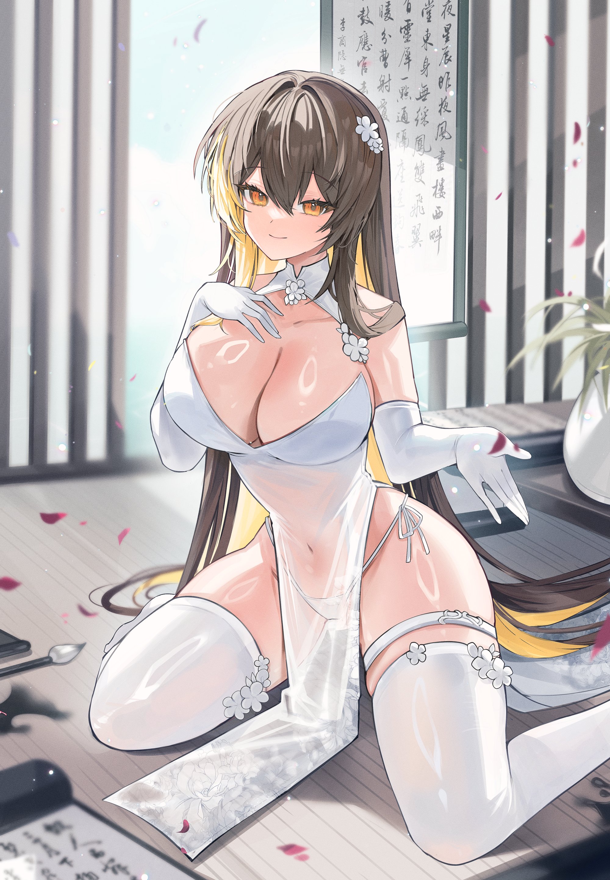 gurami (zangizarang), original, absurdres, highres, 1girl, black hair, blonde hair, breasts, calligraphy, calligraphy brush, china dress, chinese clothes, closed mouth, covered navel, dress, elbow gloves, falling petals, gloves, hair between eyes, indoors, large breasts, long hair, looking at viewer, multicolored hair, orange eyes, paintbrush, panties, petals, smile, solo, thighhighs, two-tone hair, underwear, very long hair, white dress, white gloves, white panties, white thighhighs, wooden floor