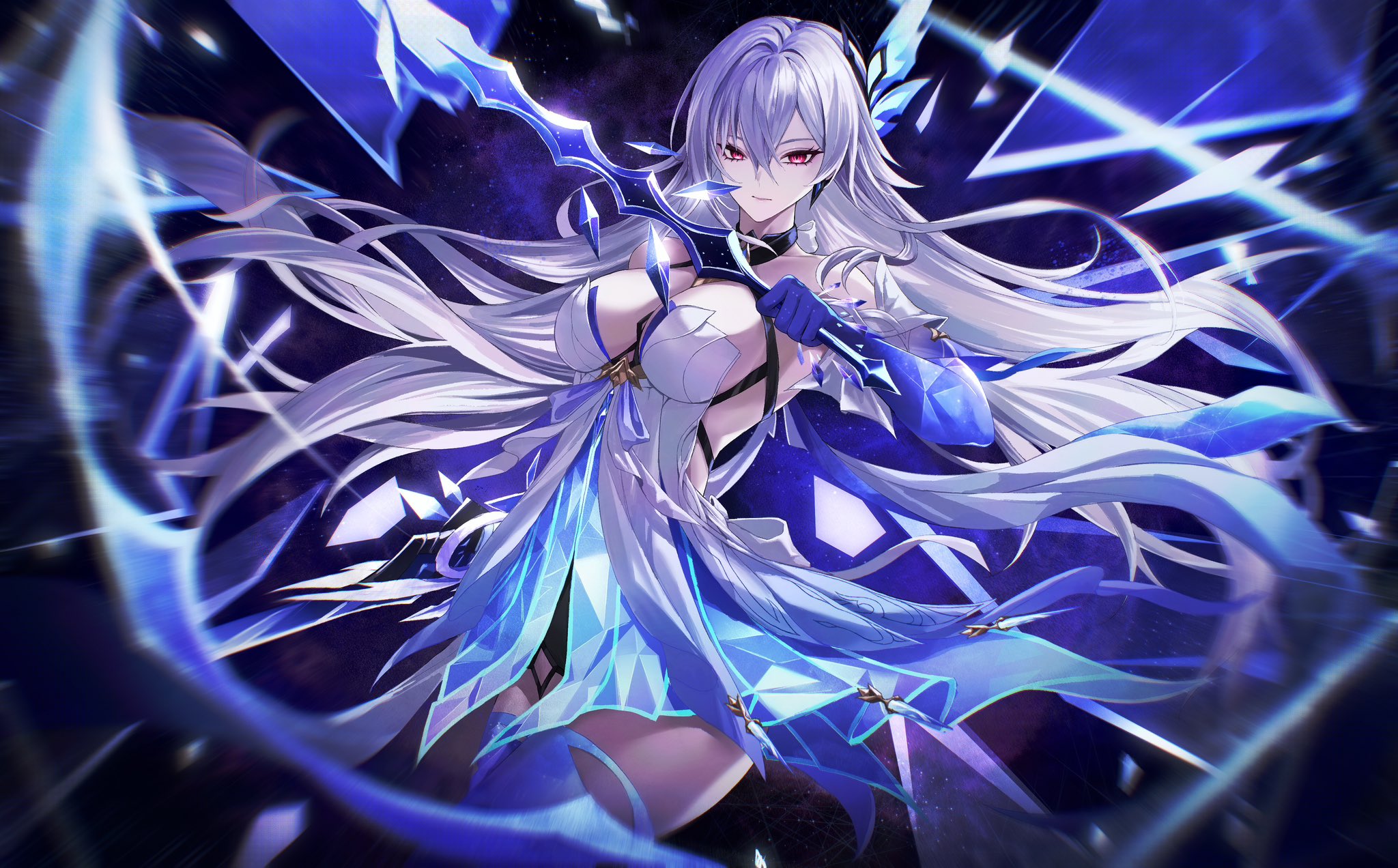 ulularts, skirk (genshin impact), genshin impact, commentary, highres, 1girl, azurelight (genshin impact), bare shoulders, black choker, black shorts, blurry border, breasts, choker, cleavage, closed mouth, cowboy shot, dress, dual wielding, elbow gloves, gloves, hair between eyes, hair ornament, holding, holding sword, holding weapon, large breasts, long hair, looking at viewer, purple gloves, purple hair, purple skirt, purple thighhighs, red eyes, shorts, skirt, sky, solo, space, star (sky), starry sky, sword, thighhighs, thighs, very long hair, weapon, white dress