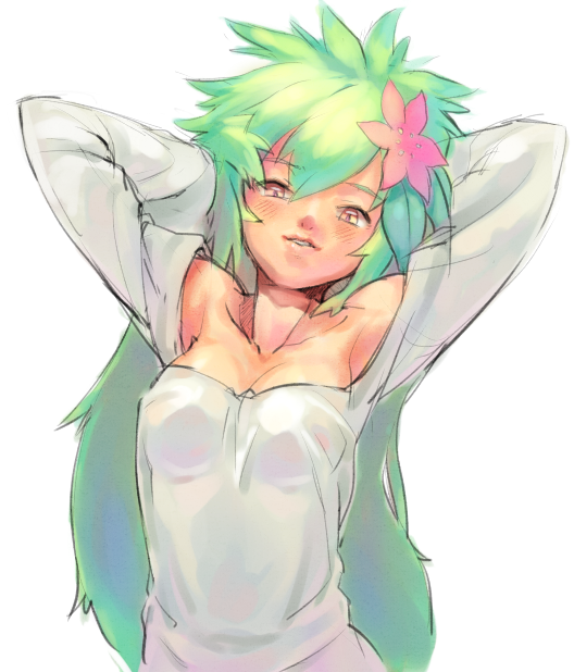 s.o chin, shaymin, shaymin (land), nintendo, pokemon, 1girl, armpits, arms behind head, arms up, bare shoulders, blush, collarbone, female focus, flower, gen 4 pokemon, green hair, hair flower, hair ornament, legendary pokemon, lips, long hair, messy hair, mythical pokemon, personification, sketch, smile, solo, stretching, very long hair