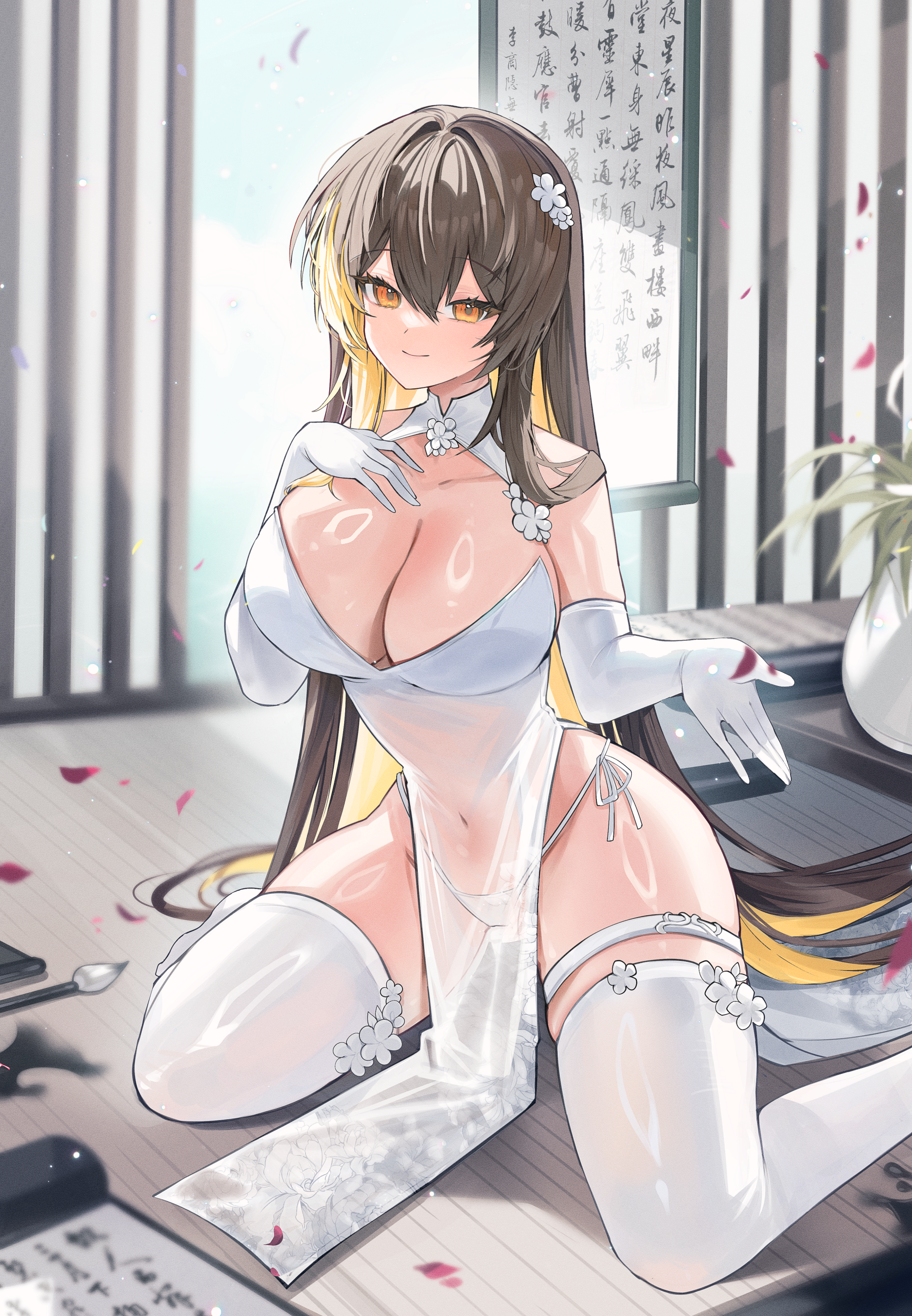 gurami (zangizarang), original, absurdres, highres, 1girl, bare shoulders, black hair, blonde hair, blurry, breasts, china dress, chinese clothes, cleavage, closed mouth, colored inner hair, covered navel, depth of field, dress, elbow gloves, gloves, hand on own chest, indoors, large breasts, long hair, looking at viewer, multicolored hair, orange eyes, paintbrush, panties, pelvic curtain, petals, see-through clothes, see-through dress, see-through pelvic curtain, side-tie panties, sitting, skindentation, sleeveless, sleeveless dress, smile, solo, strapless, string panties, sunlight, thigh strap, thighhighs, thighs, two-tone hair, underwear, very long hair, wariza, white dress, white gloves, white panties, white thighhighs