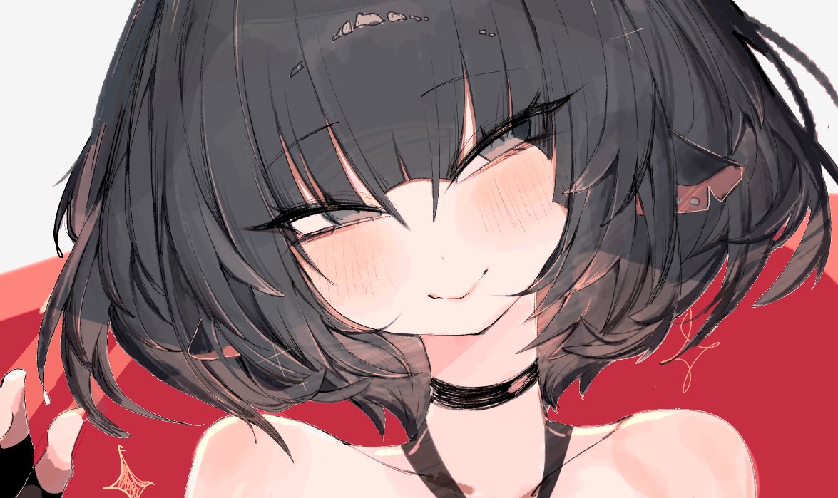 usa37107692, jane doe (zenless zone zero), zenless zone zero, commentary, 1girl, animal ears, bare shoulders, black choker, black eyes, black hair, choker, closed mouth, hair between eyes, half-closed eyes, looking at viewer, mouse ears, mouse girl, portrait, red background, short hair, smile, solo, two-tone background, white background