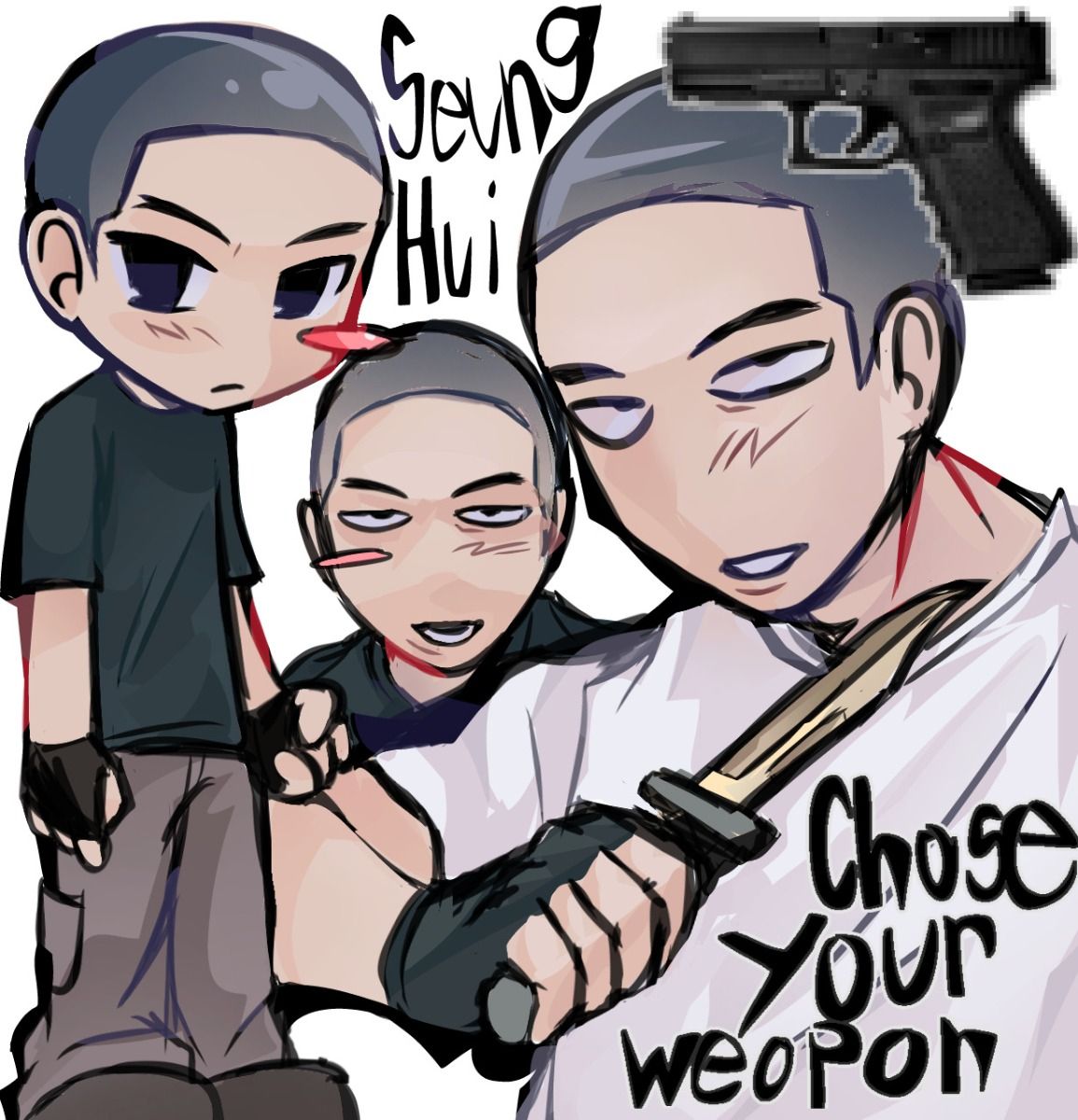 real life, artist request, highres, source request, third-party source, 1boy, :d, animification, arms at sides, bare arms, black eyes, black hair, black shirt, blush stickers, brown pants, brown shoes, buzz cut, character name, closed mouth, dagger, deformed, english text, fewer digits, fingerless gloves, frown, full body, gloves, grin, gun, hair behind ear, hand up, handgun, holding, holding dagger, holding knife, holding weapon, knife, looking at viewer, lower teeth only, male focus, multiple views, no nose, open mouth, pants, seung-hui cho, shirt, shoes, short hair, short sleeves, simple background, single blush sticker, smile, t-shirt, teeth, tsurime, upper body, very short hair, weapon, white background, white shirt