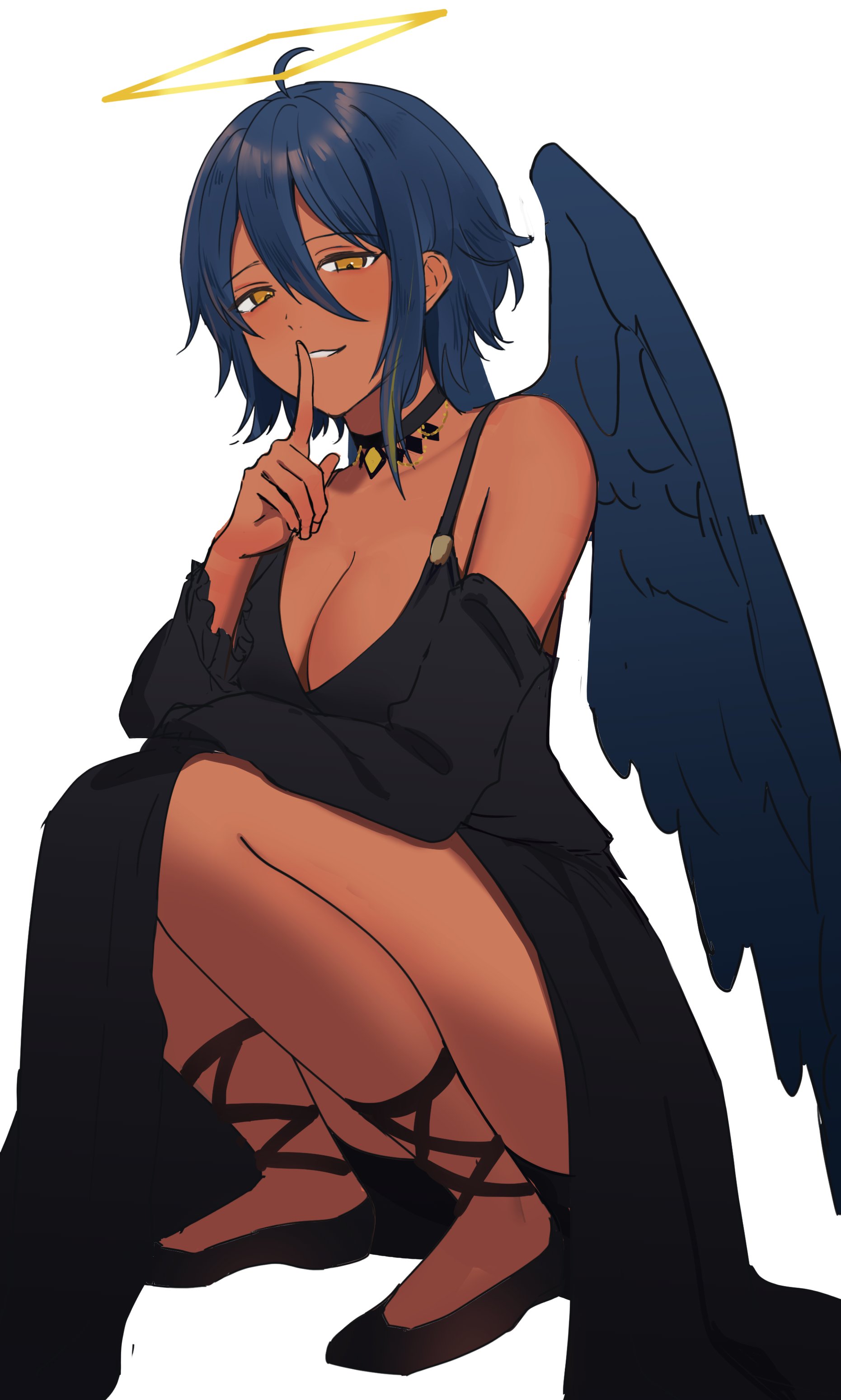 agamemega, agame-san (agamemega), original, absurdres, commentary request, highres, ahoge, bare shoulders, black dress, black shoes, blue hair, breasts, cleavage, dark-skinned female, dark skin, detached sleeves, dress, feathered wings, finger to mouth, hair between eyes, halo, index finger raised, looking at viewer, parted lips, rectangular halo, shoes, short hair, simple background, squatting, white background, wings, yellow eyes