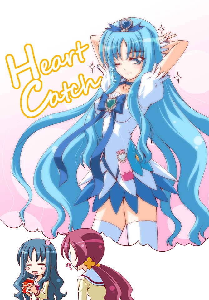 musashiya chougenbou, cure marine, hanasaki tsubomi, kurumi erika, heartcatch precure!, precure, 10s, 2girls, ?, aqua eyes, aqua hair, blue hair, blue skirt, breast envy, brooch, copyright name, drink carton, heart, heart brooch, imagining, jewelry, magical girl, milk carton, multiple girls, one eye closed, pink hair, skirt, thighhighs, thinking, wink