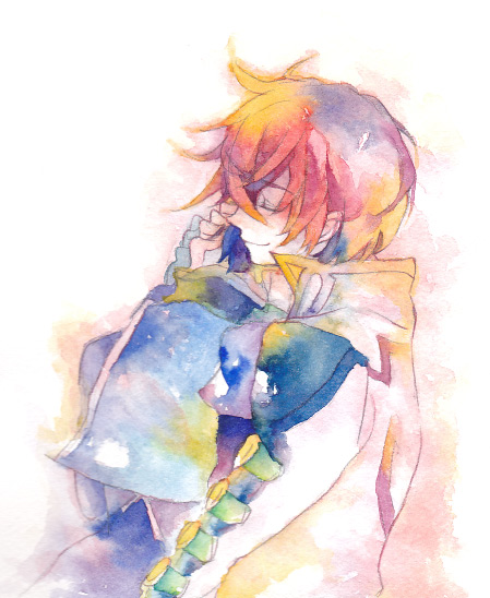 nanashi (setuyas), asbel lhant, hubert ozwell, tales of (series), tales of graces, painting (medium), traditional media, watercolor (medium), 2boys, blue hair, brothers, brown hair, hug, male focus, multiple boys, siblings